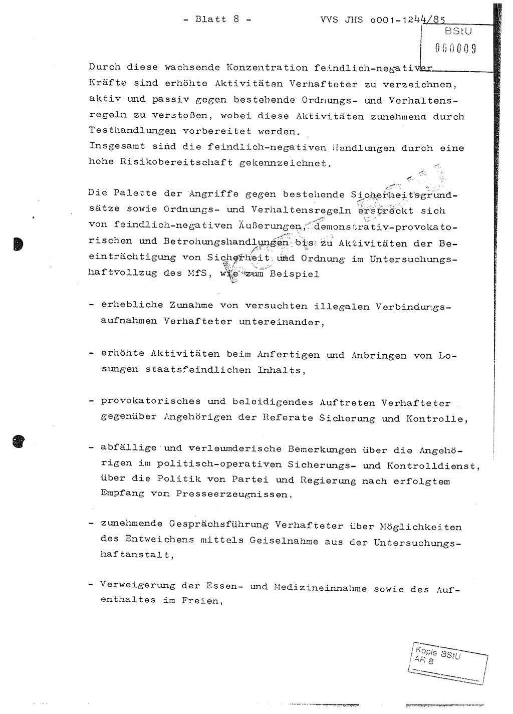 Abschlußarbeit im postgradualen Studium Major Bernd Mostowy (Abt. ⅩⅣ), Ministerium für Staatssicherheit (MfS) [Deutsche Demokratische Republik (DDR)], Juristische Hochschule (JHS), Vertrauliche Verschlußsache (VVS) o001-1244/85, Potsdam 1985, Blatt 8 (Abschl.-Arb.-Postgrad.-Stud. MfS DDR JHS VVS o001-1244/85 1985, Bl. 8)