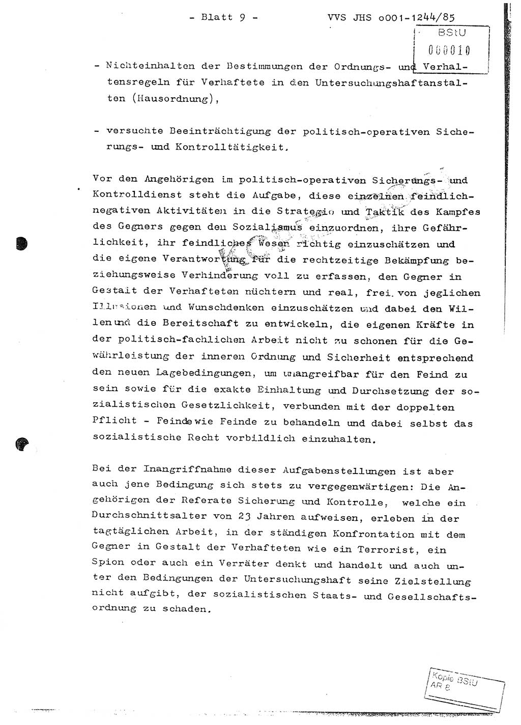 Abschlußarbeit im postgradualen Studium Major Bernd Mostowy (Abt. ⅩⅣ), Ministerium für Staatssicherheit (MfS) [Deutsche Demokratische Republik (DDR)], Juristische Hochschule (JHS), Vertrauliche Verschlußsache (VVS) o001-1244/85, Potsdam 1985, Blatt 9 (Abschl.-Arb.-Postgrad.-Stud. MfS DDR JHS VVS o001-1244/85 1985, Bl. 9)