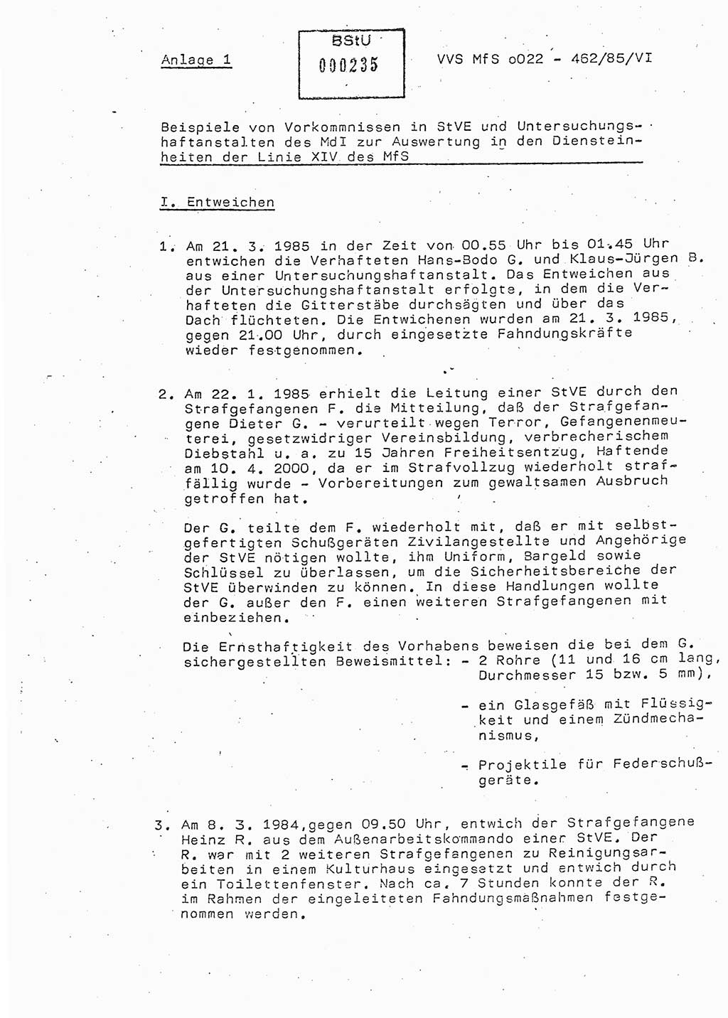 Der Untersuchungshaftvollzug im MfS, Anlage zum Schulungsmaterial Teil Ⅵ, Ministerium für Staatssicherheit [Deutsche Demokratische Republik (DDR)], Abteilung (Abt.) ⅩⅣ, Vertrauliche Verschlußsache (VVS) o022-462/85/Ⅵ, Berlin 1985, Seite 1 (Anl. Sch.-Mat. Ⅵ MfS DDR Abt. ⅩⅣ VVS o022-462/85/Ⅵ 1985, S. 1)