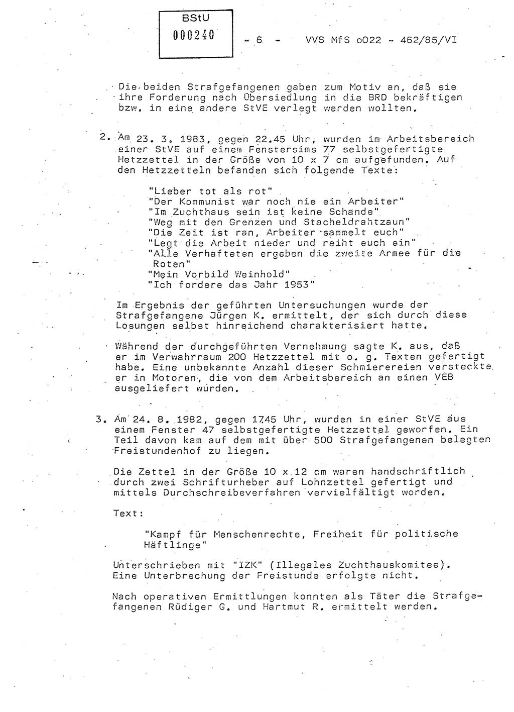 Der Untersuchungshaftvollzug im MfS, Anlage zum Schulungsmaterial Teil Ⅵ, Ministerium für Staatssicherheit [Deutsche Demokratische Republik (DDR)], Abteilung (Abt.) ⅩⅣ, Vertrauliche Verschlußsache (VVS) o022-462/85/Ⅵ, Berlin 1985, Seite 6 (Anl. Sch.-Mat. Ⅵ MfS DDR Abt. ⅩⅣ VVS o022-462/85/Ⅵ 1985, S. 6)