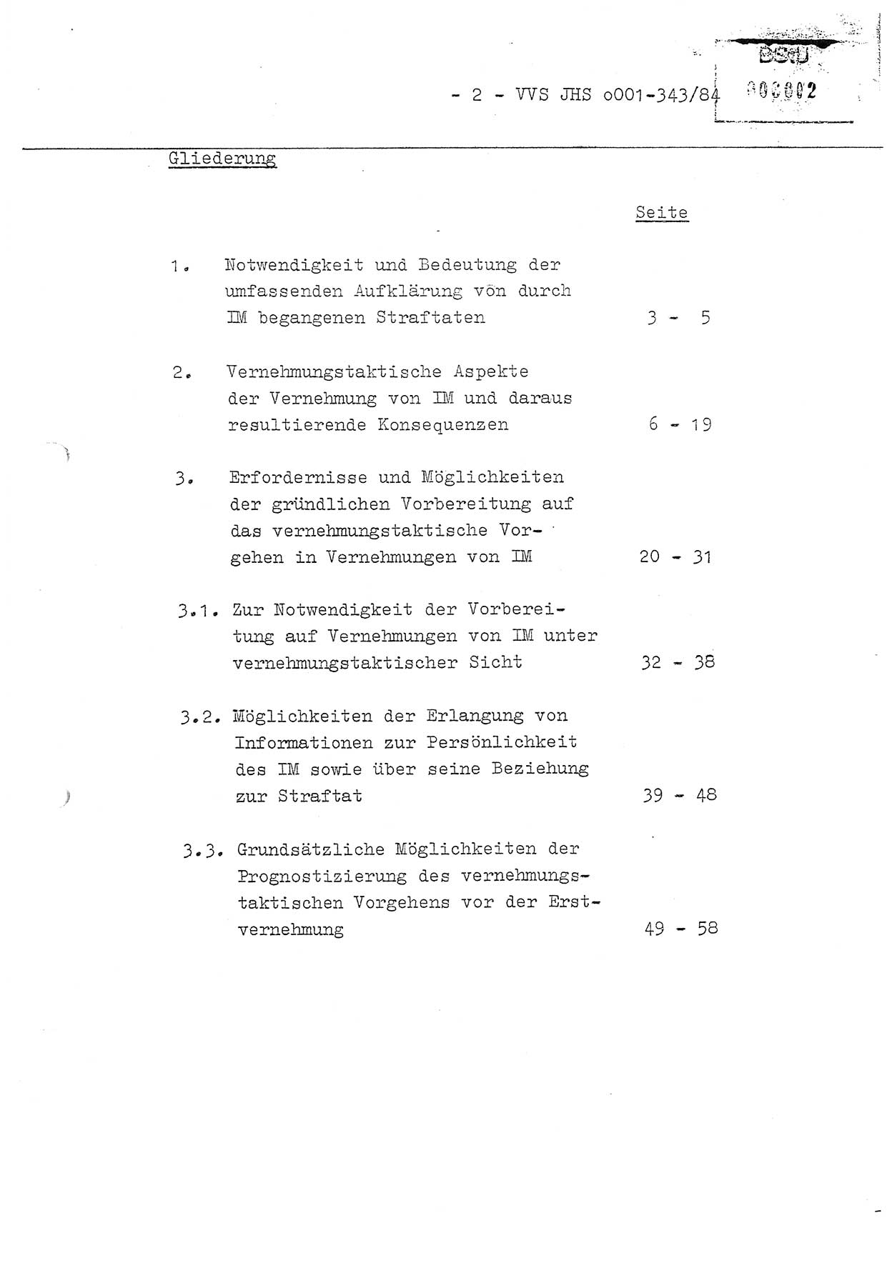 Diplomarbeit, Oberleutnant Bernd Michael (HA Ⅸ/5), Oberleutnant Peter Felber (HA IX/5), Ministerium für Staatssicherheit (MfS) [Deutsche Demokratische Republik (DDR)], Juristische Hochschule (JHS), Vertrauliche Verschlußsache (VVS) o001-343/84, Potsdam 1985, Seite 2 (Dipl.-Arb. MfS DDR JHS VVS o001-343/84 1985, S. 2)