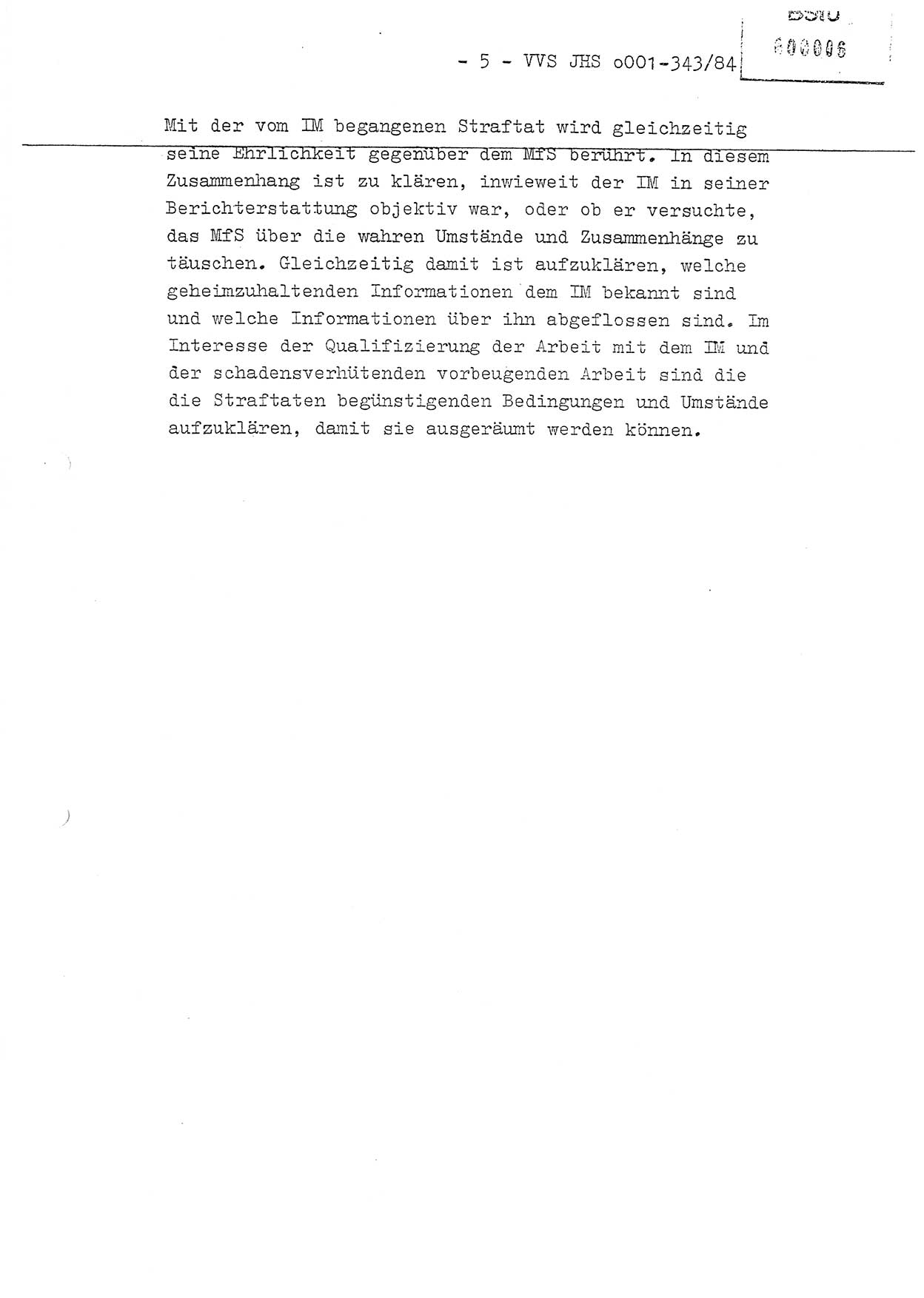 Diplomarbeit, Oberleutnant Bernd Michael (HA Ⅸ/5), Oberleutnant Peter Felber (HA IX/5), Ministerium für Staatssicherheit (MfS) [Deutsche Demokratische Republik (DDR)], Juristische Hochschule (JHS), Vertrauliche Verschlußsache (VVS) o001-343/84, Potsdam 1985, Seite 5 (Dipl.-Arb. MfS DDR JHS VVS o001-343/84 1985, S. 5)