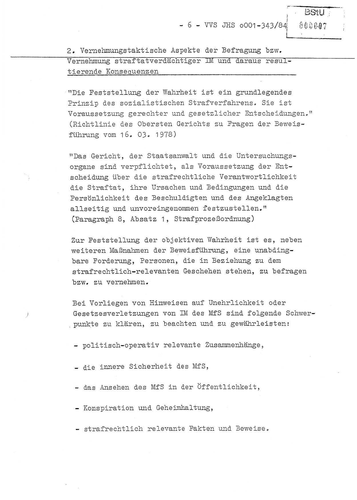 Diplomarbeit, Oberleutnant Bernd Michael (HA Ⅸ/5), Oberleutnant Peter Felber (HA IX/5), Ministerium für Staatssicherheit (MfS) [Deutsche Demokratische Republik (DDR)], Juristische Hochschule (JHS), Vertrauliche Verschlußsache (VVS) o001-343/84, Potsdam 1985, Seite 6 (Dipl.-Arb. MfS DDR JHS VVS o001-343/84 1985, S. 6)