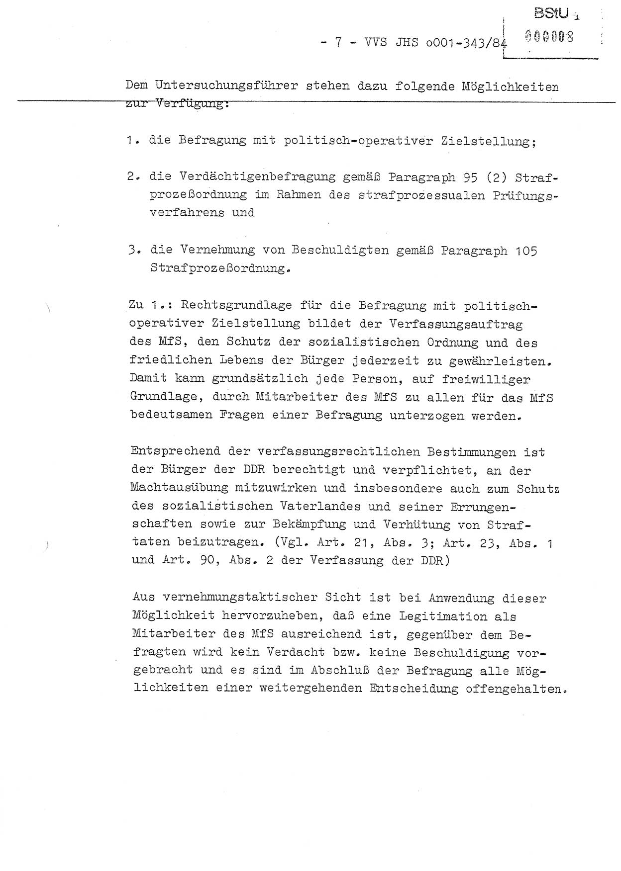 Diplomarbeit, Oberleutnant Bernd Michael (HA Ⅸ/5), Oberleutnant Peter Felber (HA IX/5), Ministerium für Staatssicherheit (MfS) [Deutsche Demokratische Republik (DDR)], Juristische Hochschule (JHS), Vertrauliche Verschlußsache (VVS) o001-343/84, Potsdam 1985, Seite 7 (Dipl.-Arb. MfS DDR JHS VVS o001-343/84 1985, S. 7)