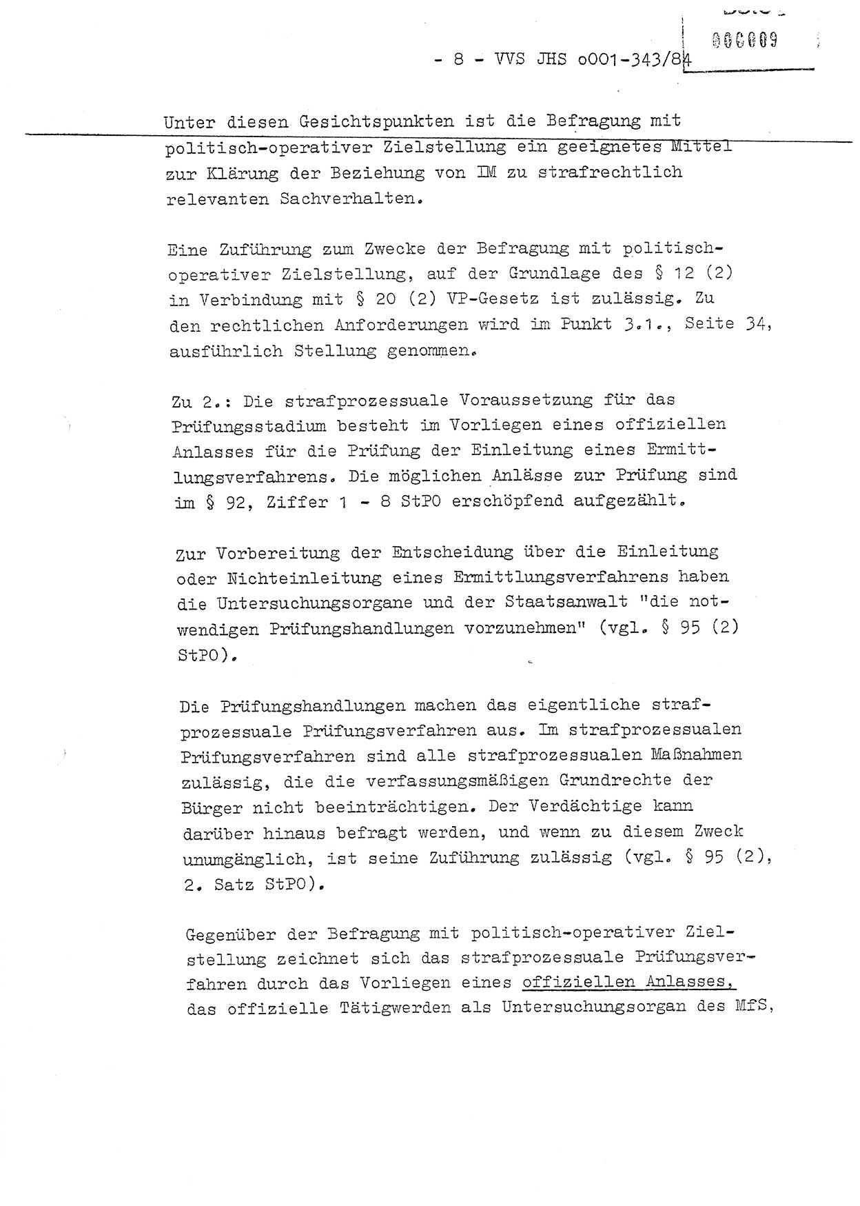 Diplomarbeit, Oberleutnant Bernd Michael (HA Ⅸ/5), Oberleutnant Peter Felber (HA IX/5), Ministerium für Staatssicherheit (MfS) [Deutsche Demokratische Republik (DDR)], Juristische Hochschule (JHS), Vertrauliche Verschlußsache (VVS) o001-343/84, Potsdam 1985, Seite 8 (Dipl.-Arb. MfS DDR JHS VVS o001-343/84 1985, S. 8)