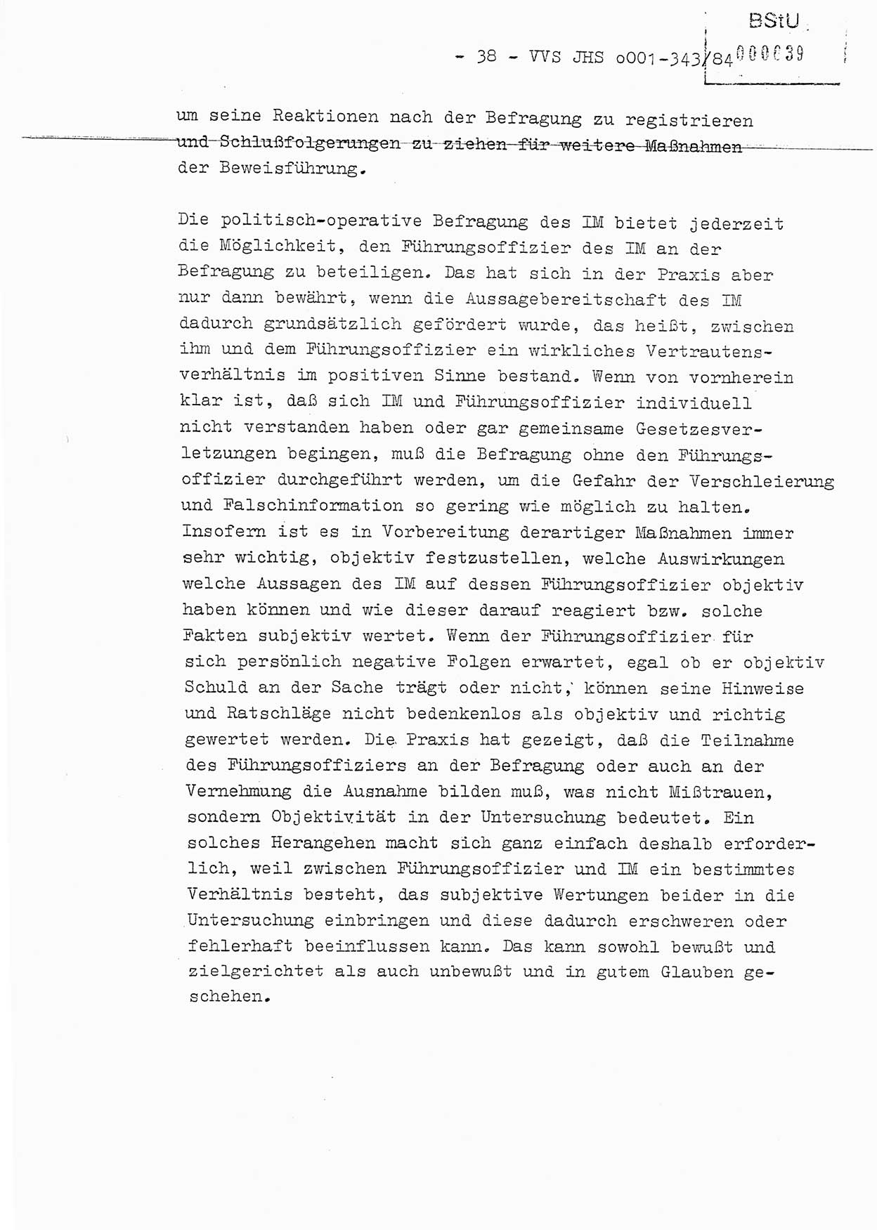 Diplomarbeit, Oberleutnant Bernd Michael (HA Ⅸ/5), Oberleutnant Peter Felber (HA IX/5), Ministerium für Staatssicherheit (MfS) [Deutsche Demokratische Republik (DDR)], Juristische Hochschule (JHS), Vertrauliche Verschlußsache (VVS) o001-343/84, Potsdam 1985, Seite 38 (Dipl.-Arb. MfS DDR JHS VVS o001-343/84 1985, S. 38)