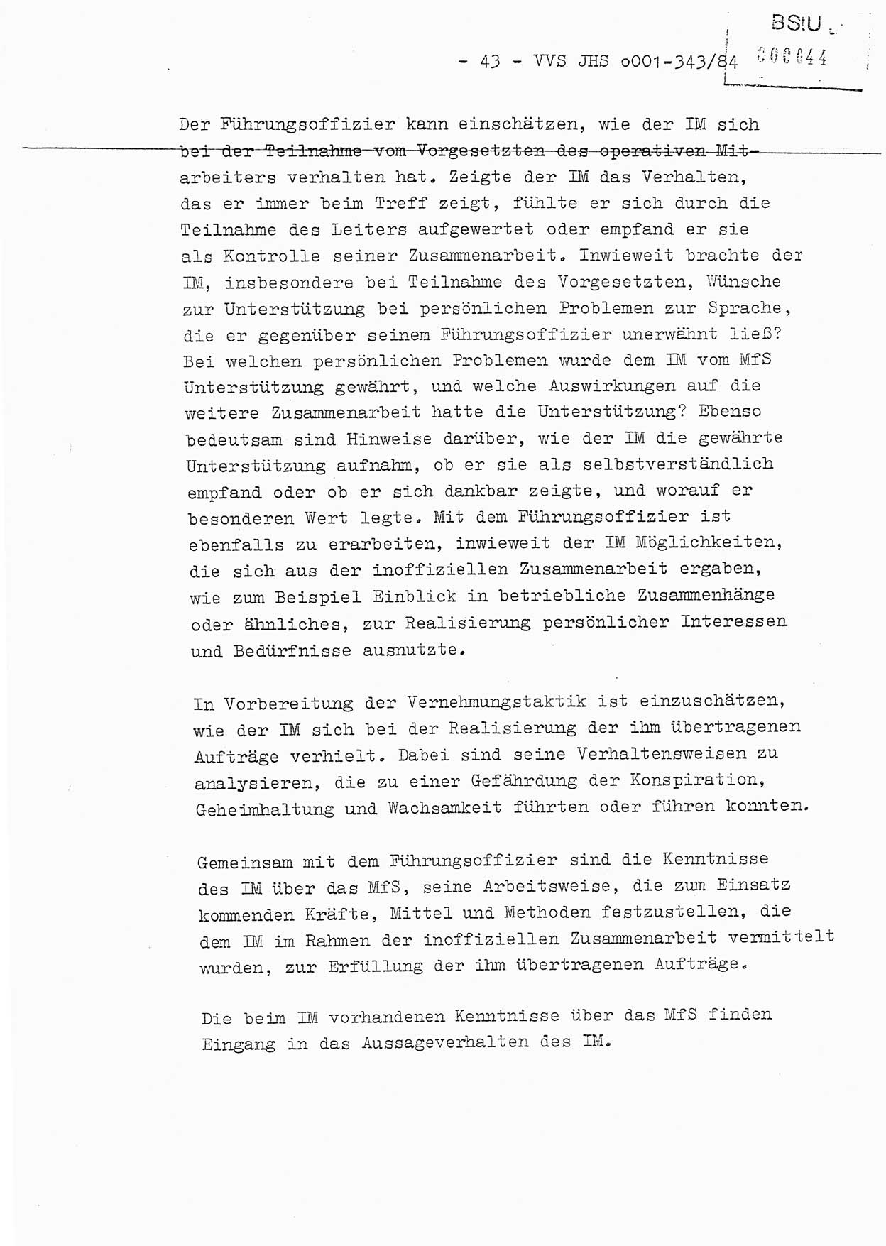 Diplomarbeit, Oberleutnant Bernd Michael (HA Ⅸ/5), Oberleutnant Peter Felber (HA IX/5), Ministerium für Staatssicherheit (MfS) [Deutsche Demokratische Republik (DDR)], Juristische Hochschule (JHS), Vertrauliche Verschlußsache (VVS) o001-343/84, Potsdam 1985, Seite 43 (Dipl.-Arb. MfS DDR JHS VVS o001-343/84 1985, S. 43)