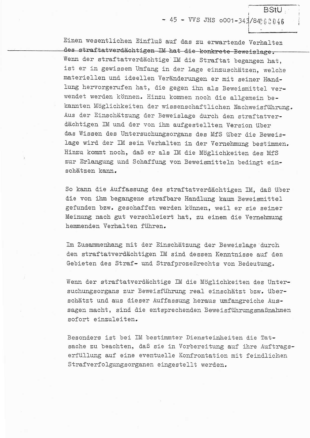 Diplomarbeit, Oberleutnant Bernd Michael (HA Ⅸ/5), Oberleutnant Peter Felber (HA IX/5), Ministerium für Staatssicherheit (MfS) [Deutsche Demokratische Republik (DDR)], Juristische Hochschule (JHS), Vertrauliche Verschlußsache (VVS) o001-343/84, Potsdam 1985, Seite 45 (Dipl.-Arb. MfS DDR JHS VVS o001-343/84 1985, S. 45)