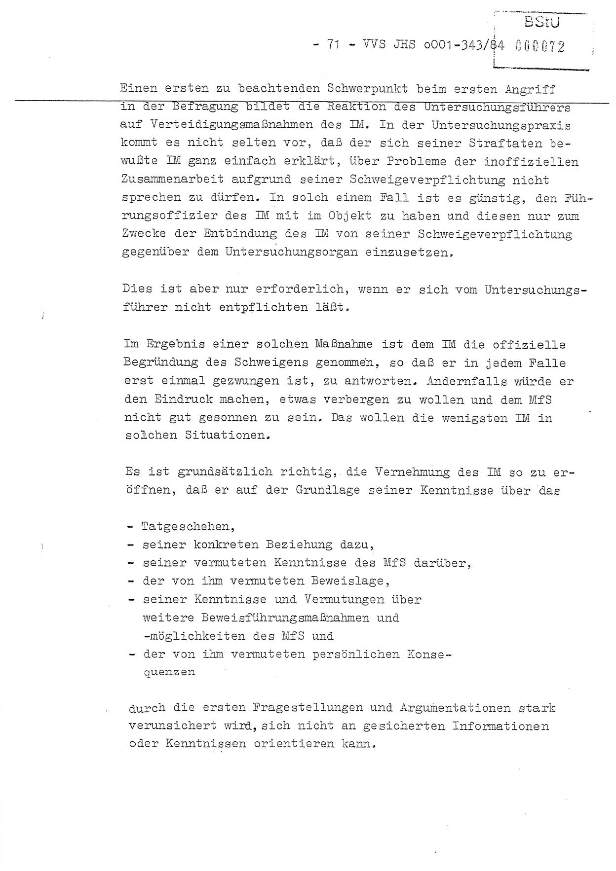 Diplomarbeit, Oberleutnant Bernd Michael (HA Ⅸ/5), Oberleutnant Peter Felber (HA IX/5), Ministerium für Staatssicherheit (MfS) [Deutsche Demokratische Republik (DDR)], Juristische Hochschule (JHS), Vertrauliche Verschlußsache (VVS) o001-343/84, Potsdam 1985, Seite 71 (Dipl.-Arb. MfS DDR JHS VVS o001-343/84 1985, S. 71)