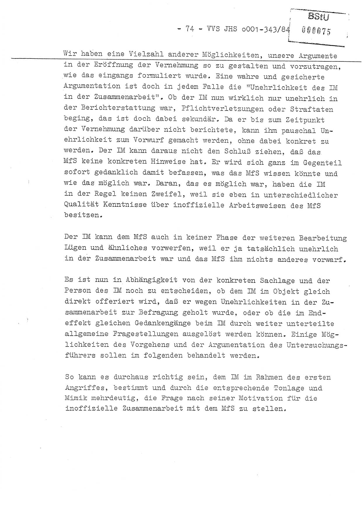 Diplomarbeit, Oberleutnant Bernd Michael (HA Ⅸ/5), Oberleutnant Peter Felber (HA IX/5), Ministerium für Staatssicherheit (MfS) [Deutsche Demokratische Republik (DDR)], Juristische Hochschule (JHS), Vertrauliche Verschlußsache (VVS) o001-343/84, Potsdam 1985, Seite 74 (Dipl.-Arb. MfS DDR JHS VVS o001-343/84 1985, S. 74)