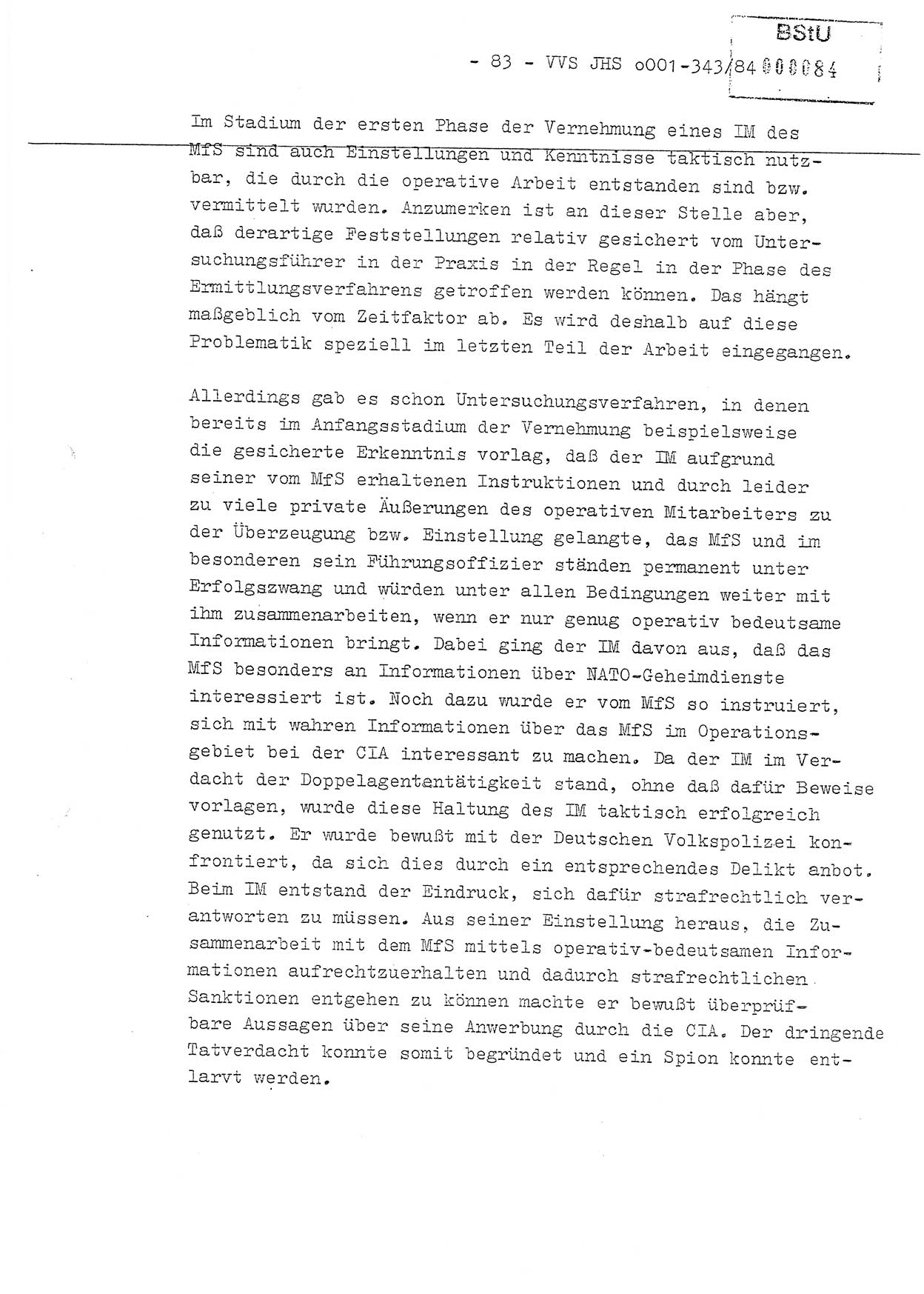 Diplomarbeit, Oberleutnant Bernd Michael (HA Ⅸ/5), Oberleutnant Peter Felber (HA IX/5), Ministerium für Staatssicherheit (MfS) [Deutsche Demokratische Republik (DDR)], Juristische Hochschule (JHS), Vertrauliche Verschlußsache (VVS) o001-343/84, Potsdam 1985, Seite 83 (Dipl.-Arb. MfS DDR JHS VVS o001-343/84 1985, S. 83)