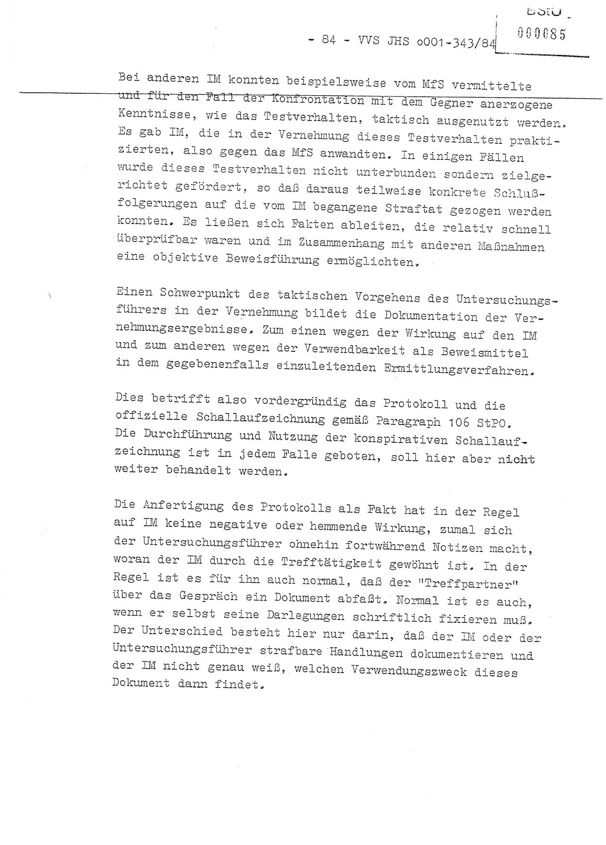 Diplomarbeit, Oberleutnant Bernd Michael (HA Ⅸ/5), Oberleutnant Peter Felber (HA IX/5), Ministerium für Staatssicherheit (MfS) [Deutsche Demokratische Republik (DDR)], Juristische Hochschule (JHS), Vertrauliche Verschlußsache (VVS) o001-343/84, Potsdam 1985, Seite 84 (Dipl.-Arb. MfS DDR JHS VVS o001-343/84 1985, S. 84)