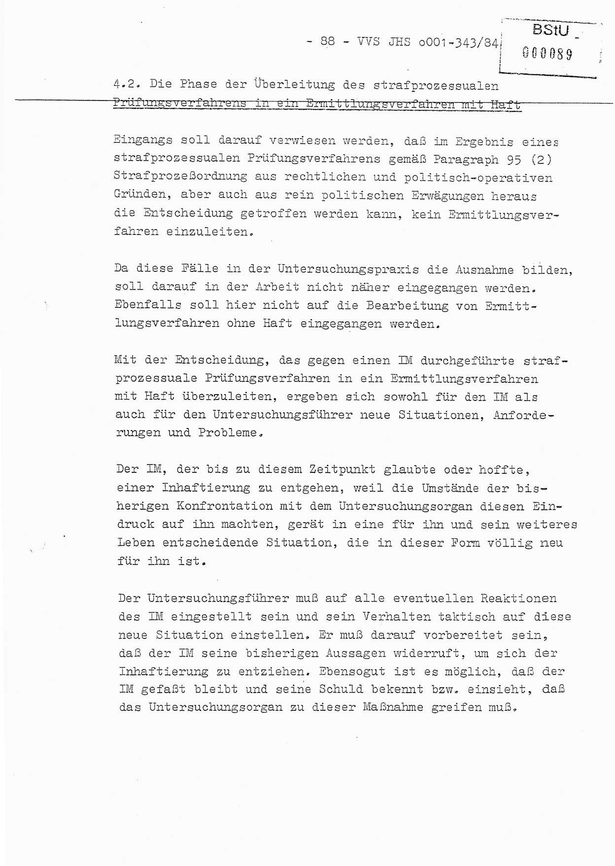 Diplomarbeit, Oberleutnant Bernd Michael (HA Ⅸ/5), Oberleutnant Peter Felber (HA IX/5), Ministerium für Staatssicherheit (MfS) [Deutsche Demokratische Republik (DDR)], Juristische Hochschule (JHS), Vertrauliche Verschlußsache (VVS) o001-343/84, Potsdam 1985, Seite 88 (Dipl.-Arb. MfS DDR JHS VVS o001-343/84 1985, S. 88)