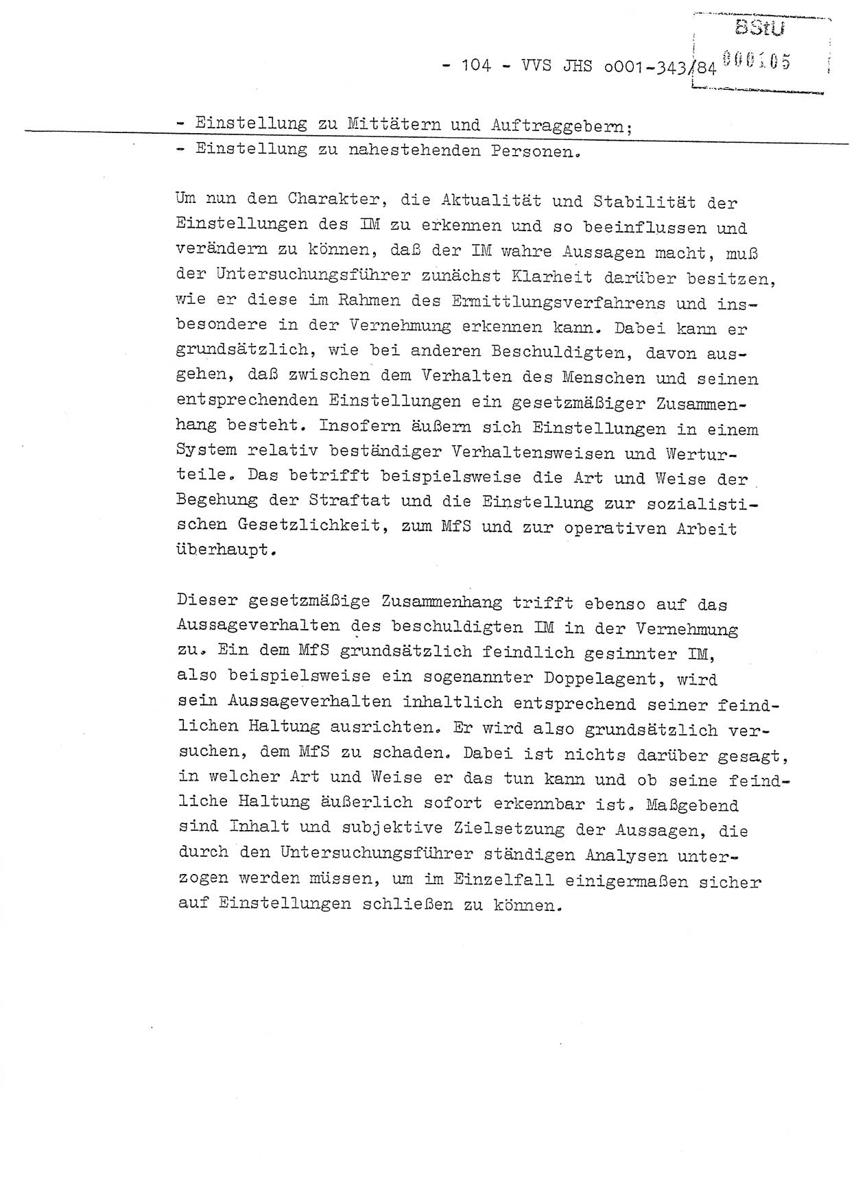 Diplomarbeit, Oberleutnant Bernd Michael (HA Ⅸ/5), Oberleutnant Peter Felber (HA IX/5), Ministerium für Staatssicherheit (MfS) [Deutsche Demokratische Republik (DDR)], Juristische Hochschule (JHS), Vertrauliche Verschlußsache (VVS) o001-343/84, Potsdam 1985, Seite 104 (Dipl.-Arb. MfS DDR JHS VVS o001-343/84 1985, S. 104)