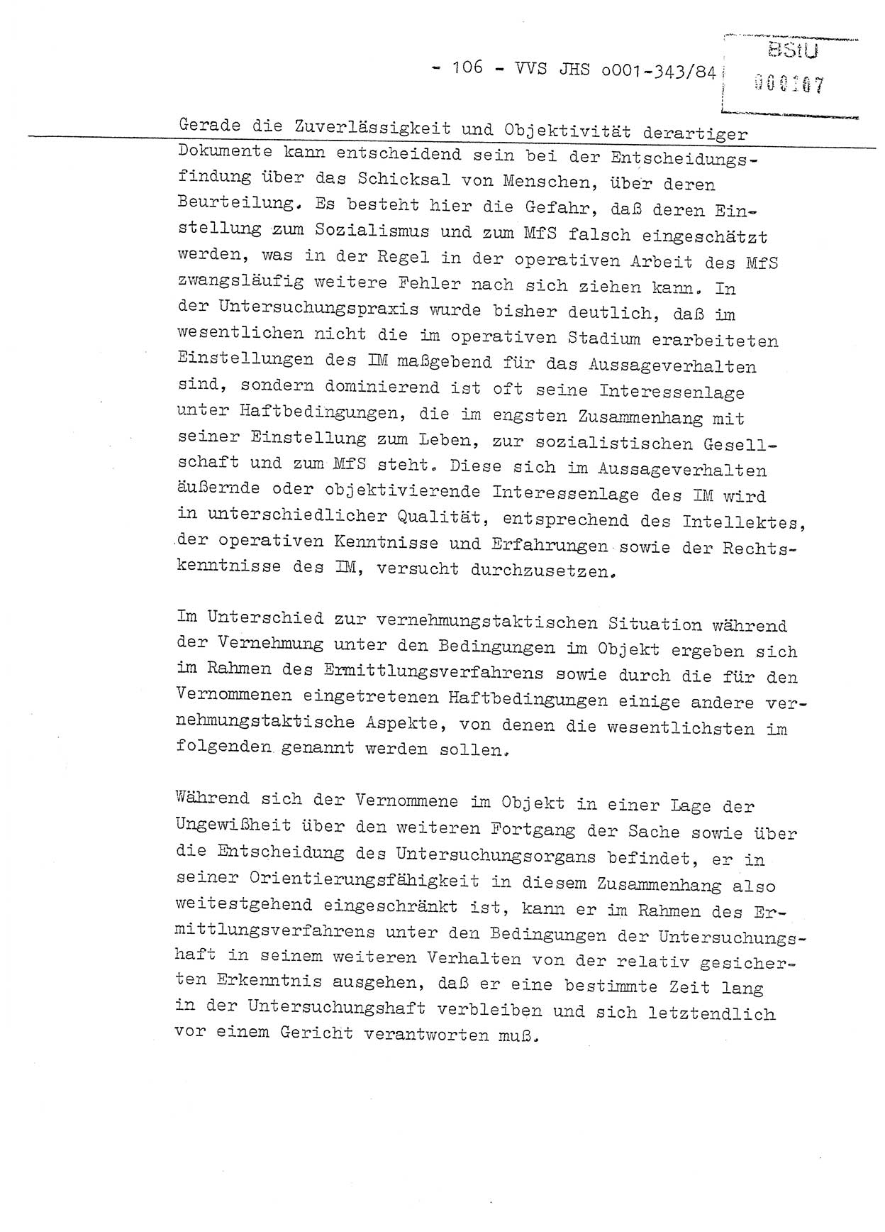 Diplomarbeit, Oberleutnant Bernd Michael (HA Ⅸ/5), Oberleutnant Peter Felber (HA IX/5), Ministerium für Staatssicherheit (MfS) [Deutsche Demokratische Republik (DDR)], Juristische Hochschule (JHS), Vertrauliche Verschlußsache (VVS) o001-343/84, Potsdam 1985, Seite 106 (Dipl.-Arb. MfS DDR JHS VVS o001-343/84 1985, S. 106)