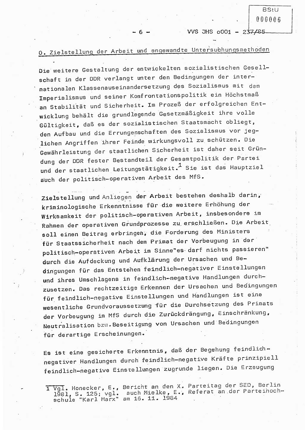 Dissertation Oberstleutnant Peter Jakulski (JHS), Oberstleutnat Christian Rudolph (HA Ⅸ), Major Horst Böttger (ZMD), Major Wolfgang Grüneberg (JHS), Major Albert Meutsch (JHS), Ministerium für Staatssicherheit (MfS) [Deutsche Demokratische Republik (DDR)], Juristische Hochschule (JHS), Vertrauliche Verschlußsache (VVS) o001-237/85, Potsdam 1985, Seite 6 (Diss. MfS DDR JHS VVS o001-237/85 1985, S. 6)