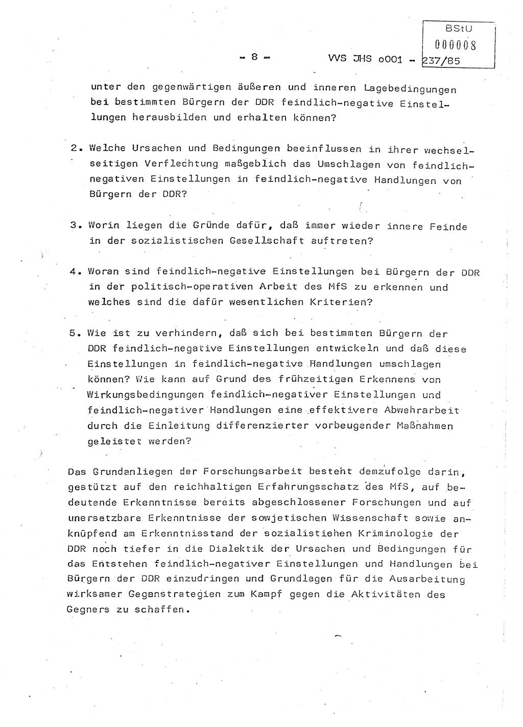 Dissertation Oberstleutnant Peter Jakulski (JHS), Oberstleutnat Christian Rudolph (HA Ⅸ), Major Horst Böttger (ZMD), Major Wolfgang Grüneberg (JHS), Major Albert Meutsch (JHS), Ministerium für Staatssicherheit (MfS) [Deutsche Demokratische Republik (DDR)], Juristische Hochschule (JHS), Vertrauliche Verschlußsache (VVS) o001-237/85, Potsdam 1985, Seite 8 (Diss. MfS DDR JHS VVS o001-237/85 1985, S. 8)