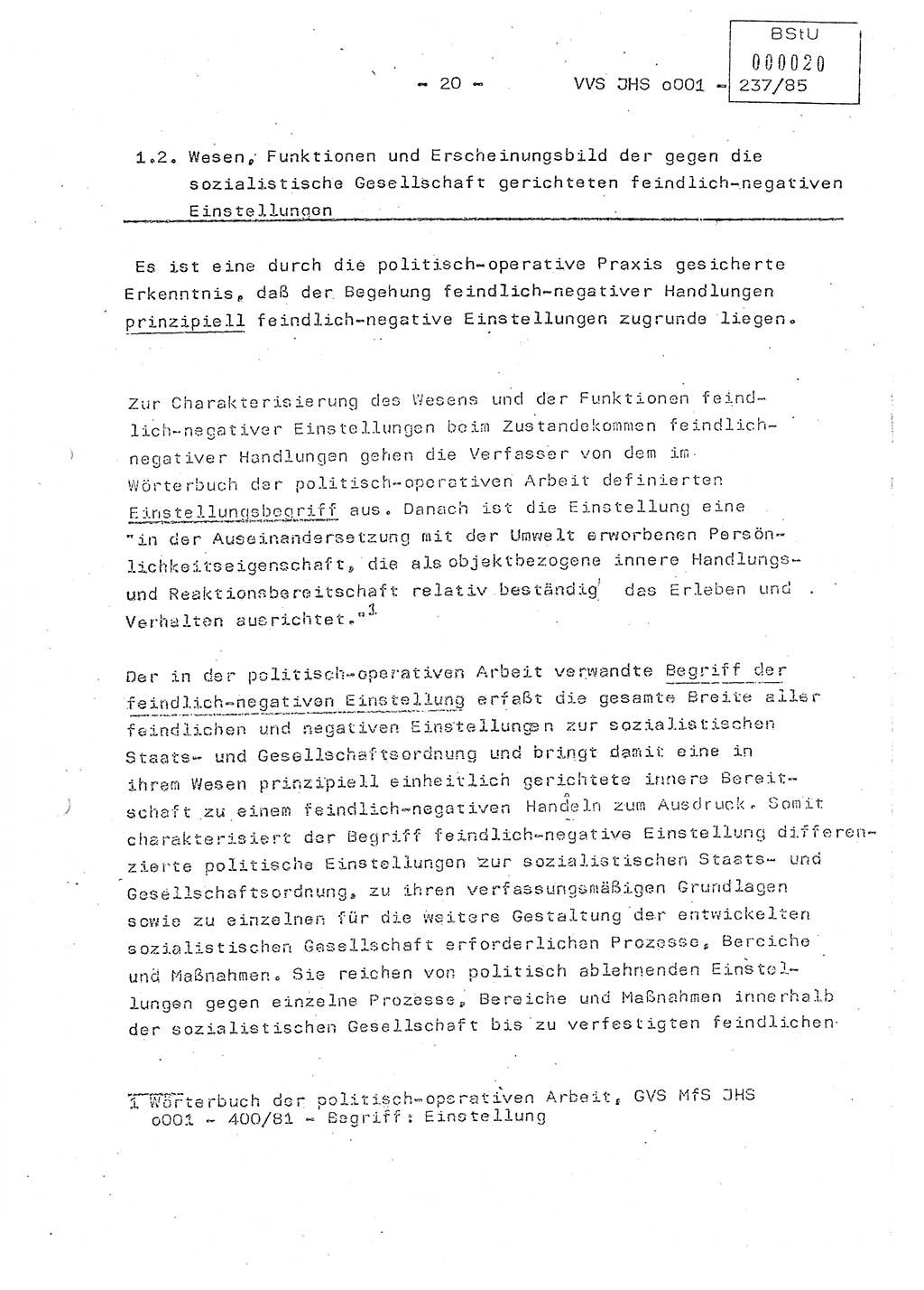 Dissertation Oberstleutnant Peter Jakulski (JHS), Oberstleutnat Christian Rudolph (HA Ⅸ), Major Horst Böttger (ZMD), Major Wolfgang Grüneberg (JHS), Major Albert Meutsch (JHS), Ministerium für Staatssicherheit (MfS) [Deutsche Demokratische Republik (DDR)], Juristische Hochschule (JHS), Vertrauliche Verschlußsache (VVS) o001-237/85, Potsdam 1985, Seite 20 (Diss. MfS DDR JHS VVS o001-237/85 1985, S. 20)