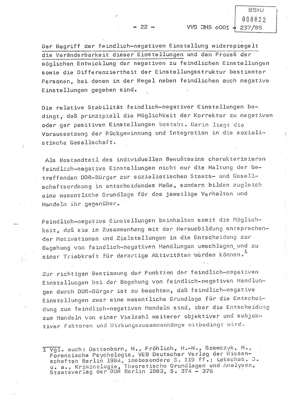 Dissertation Oberstleutnant Peter Jakulski (JHS), Oberstleutnat Christian Rudolph (HA Ⅸ), Major Horst Böttger (ZMD), Major Wolfgang Grüneberg (JHS), Major Albert Meutsch (JHS), Ministerium für Staatssicherheit (MfS) [Deutsche Demokratische Republik (DDR)], Juristische Hochschule (JHS), Vertrauliche Verschlußsache (VVS) o001-237/85, Potsdam 1985, Seite 22 (Diss. MfS DDR JHS VVS o001-237/85 1985, S. 22)