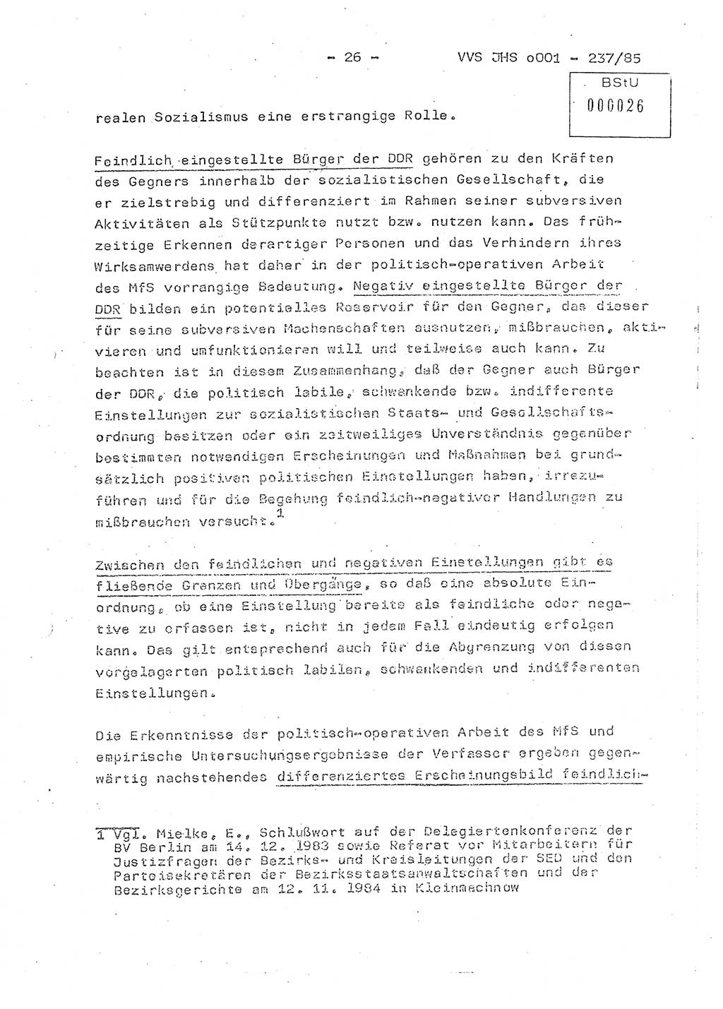 Dissertation Oberstleutnant Peter Jakulski (JHS), Oberstleutnat Christian Rudolph (HA Ⅸ), Major Horst Böttger (ZMD), Major Wolfgang Grüneberg (JHS), Major Albert Meutsch (JHS), Ministerium für Staatssicherheit (MfS) [Deutsche Demokratische Republik (DDR)], Juristische Hochschule (JHS), Vertrauliche Verschlußsache (VVS) o001-237/85, Potsdam 1985, Seite 26 (Diss. MfS DDR JHS VVS o001-237/85 1985, S. 26)