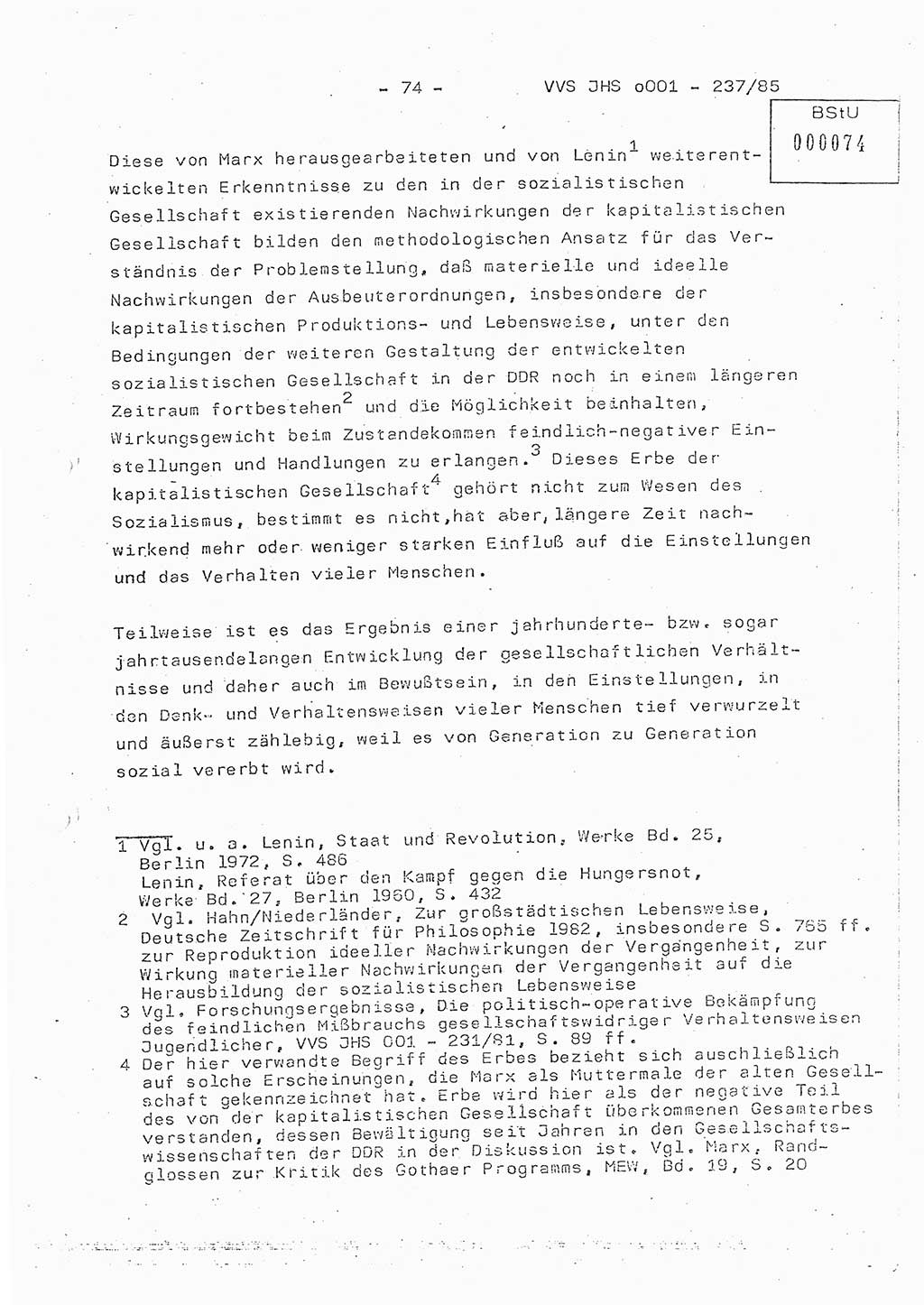 Dissertation Oberstleutnant Peter Jakulski (JHS), Oberstleutnat Christian Rudolph (HA Ⅸ), Major Horst Böttger (ZMD), Major Wolfgang Grüneberg (JHS), Major Albert Meutsch (JHS), Ministerium für Staatssicherheit (MfS) [Deutsche Demokratische Republik (DDR)], Juristische Hochschule (JHS), Vertrauliche Verschlußsache (VVS) o001-237/85, Potsdam 1985, Seite 74 (Diss. MfS DDR JHS VVS o001-237/85 1985, S. 74)