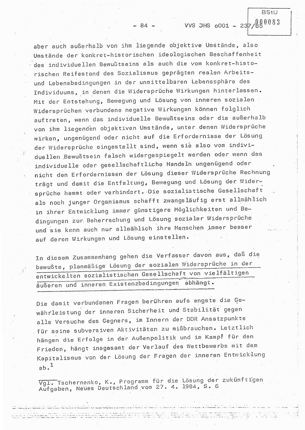 Dissertation Oberstleutnant Peter Jakulski (JHS), Oberstleutnat Christian Rudolph (HA Ⅸ), Major Horst Böttger (ZMD), Major Wolfgang Grüneberg (JHS), Major Albert Meutsch (JHS), Ministerium für Staatssicherheit (MfS) [Deutsche Demokratische Republik (DDR)], Juristische Hochschule (JHS), Vertrauliche Verschlußsache (VVS) o001-237/85, Potsdam 1985, Seite 84 (Diss. MfS DDR JHS VVS o001-237/85 1985, S. 84)