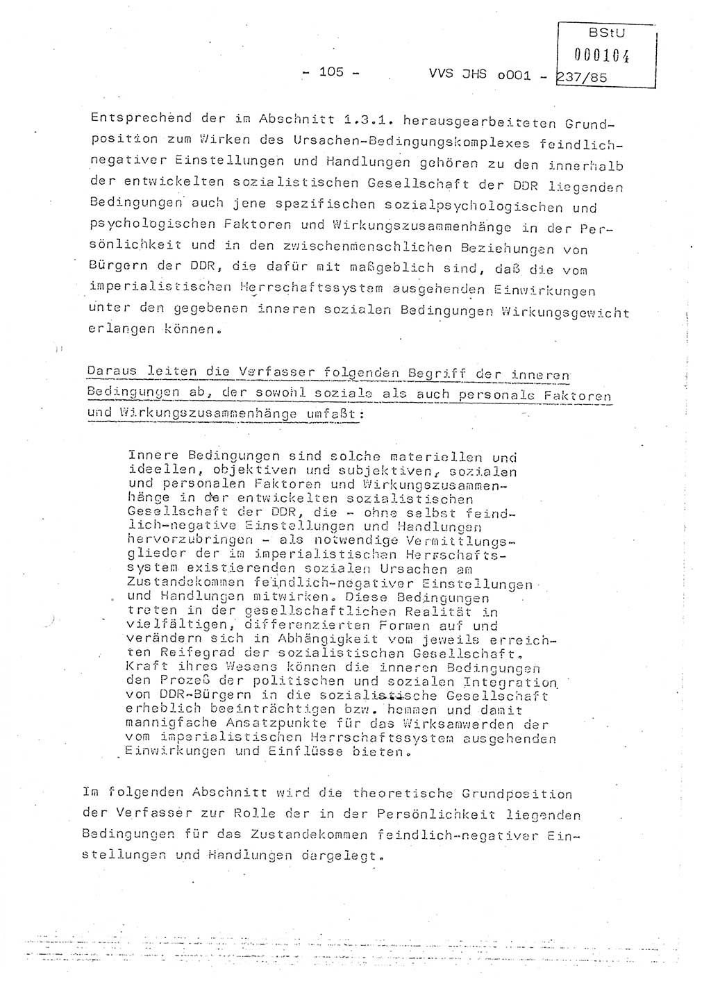 Dissertation Oberstleutnant Peter Jakulski (JHS), Oberstleutnat Christian Rudolph (HA Ⅸ), Major Horst Böttger (ZMD), Major Wolfgang Grüneberg (JHS), Major Albert Meutsch (JHS), Ministerium für Staatssicherheit (MfS) [Deutsche Demokratische Republik (DDR)], Juristische Hochschule (JHS), Vertrauliche Verschlußsache (VVS) o001-237/85, Potsdam 1985, Seite 105 (Diss. MfS DDR JHS VVS o001-237/85 1985, S. 105)