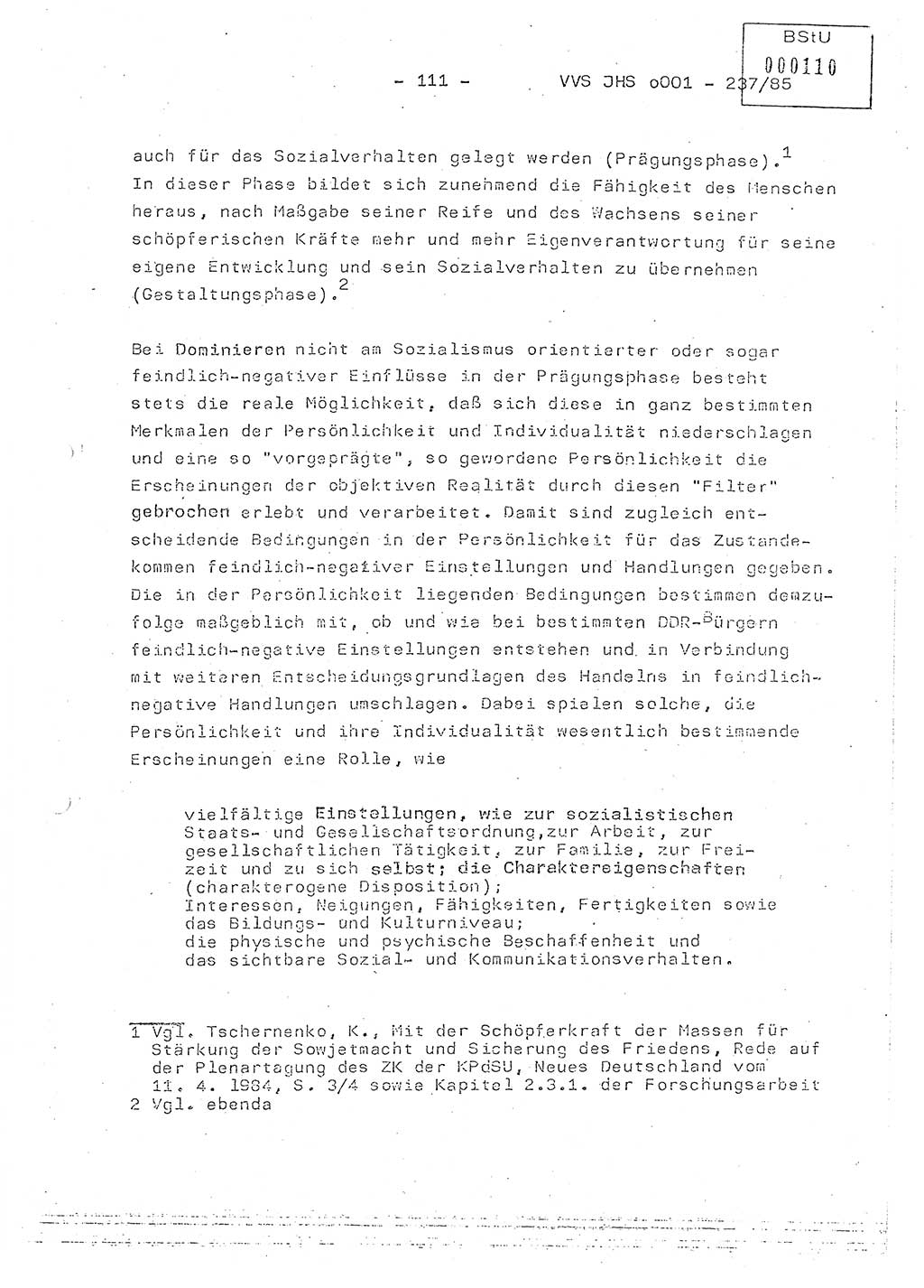 Dissertation Oberstleutnant Peter Jakulski (JHS), Oberstleutnat Christian Rudolph (HA Ⅸ), Major Horst Böttger (ZMD), Major Wolfgang Grüneberg (JHS), Major Albert Meutsch (JHS), Ministerium für Staatssicherheit (MfS) [Deutsche Demokratische Republik (DDR)], Juristische Hochschule (JHS), Vertrauliche Verschlußsache (VVS) o001-237/85, Potsdam 1985, Seite 111 (Diss. MfS DDR JHS VVS o001-237/85 1985, S. 111)