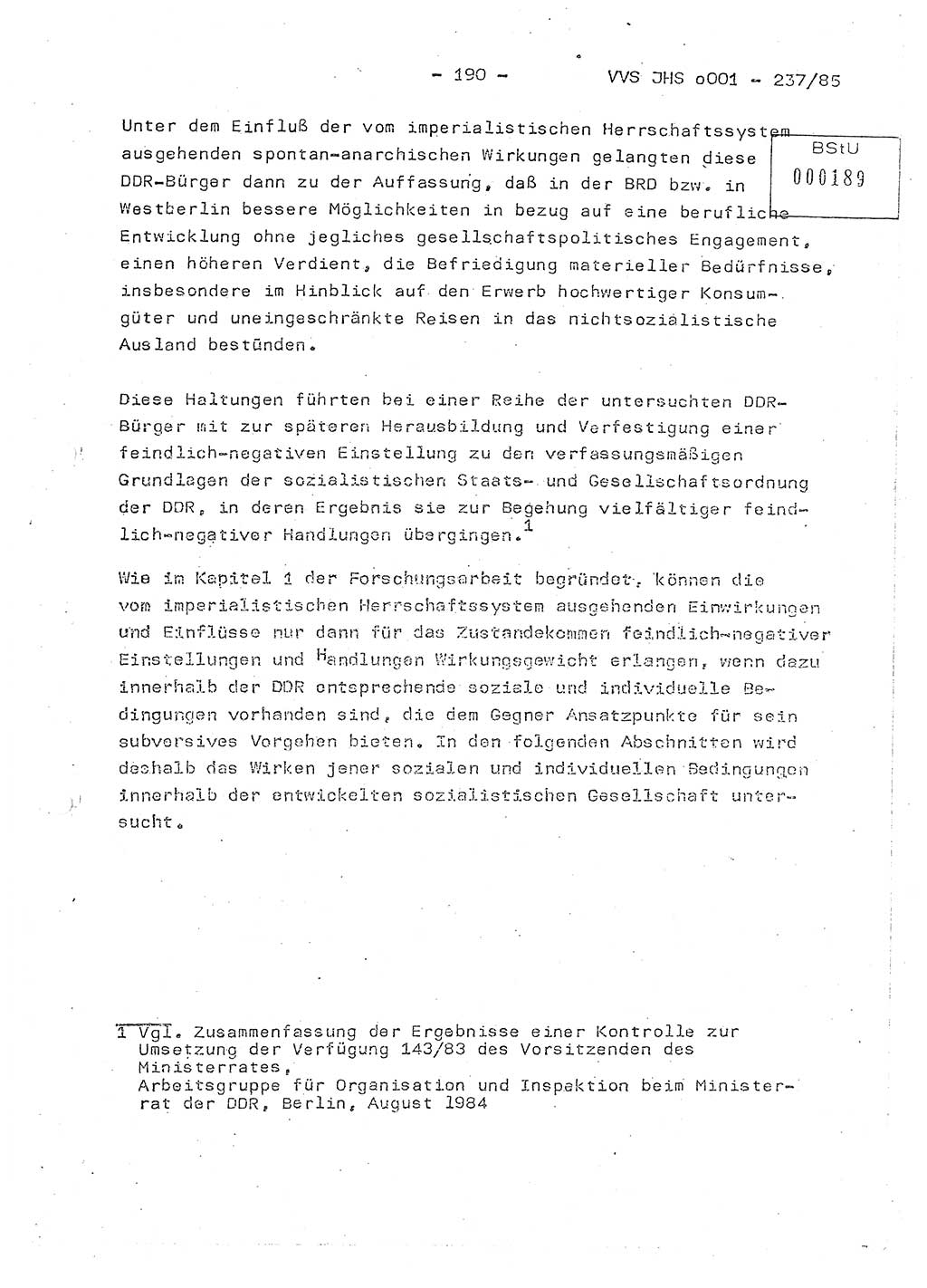 Dissertation Oberstleutnant Peter Jakulski (JHS), Oberstleutnat Christian Rudolph (HA Ⅸ), Major Horst Böttger (ZMD), Major Wolfgang Grüneberg (JHS), Major Albert Meutsch (JHS), Ministerium für Staatssicherheit (MfS) [Deutsche Demokratische Republik (DDR)], Juristische Hochschule (JHS), Vertrauliche Verschlußsache (VVS) o001-237/85, Potsdam 1985, Seite 190 (Diss. MfS DDR JHS VVS o001-237/85 1985, S. 190)