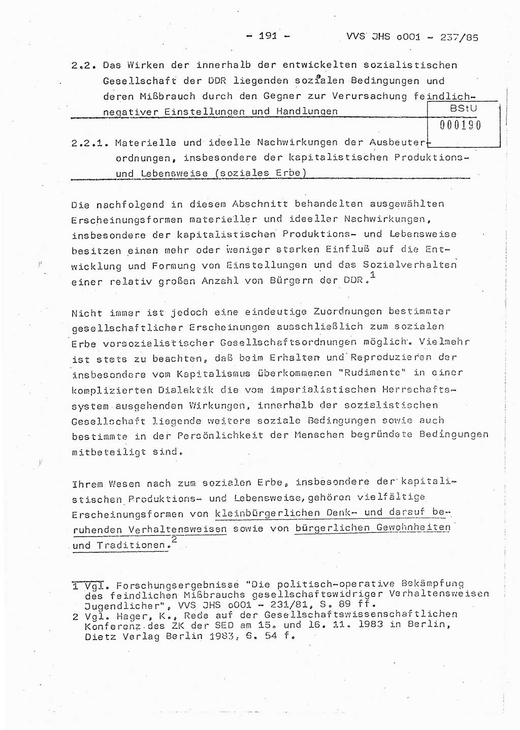 Dissertation Oberstleutnant Peter Jakulski (JHS), Oberstleutnat Christian Rudolph (HA Ⅸ), Major Horst Böttger (ZMD), Major Wolfgang Grüneberg (JHS), Major Albert Meutsch (JHS), Ministerium für Staatssicherheit (MfS) [Deutsche Demokratische Republik (DDR)], Juristische Hochschule (JHS), Vertrauliche Verschlußsache (VVS) o001-237/85, Potsdam 1985, Seite 191 (Diss. MfS DDR JHS VVS o001-237/85 1985, S. 191)