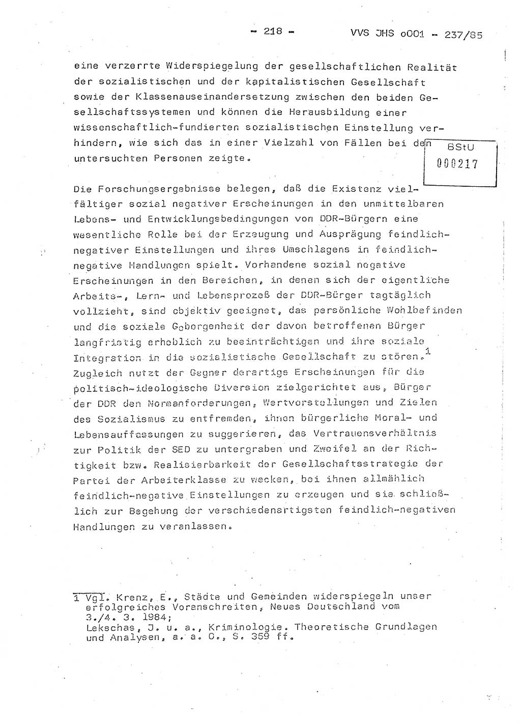 Dissertation Oberstleutnant Peter Jakulski (JHS), Oberstleutnat Christian Rudolph (HA Ⅸ), Major Horst Böttger (ZMD), Major Wolfgang Grüneberg (JHS), Major Albert Meutsch (JHS), Ministerium für Staatssicherheit (MfS) [Deutsche Demokratische Republik (DDR)], Juristische Hochschule (JHS), Vertrauliche Verschlußsache (VVS) o001-237/85, Potsdam 1985, Seite 218 (Diss. MfS DDR JHS VVS o001-237/85 1985, S. 218)
