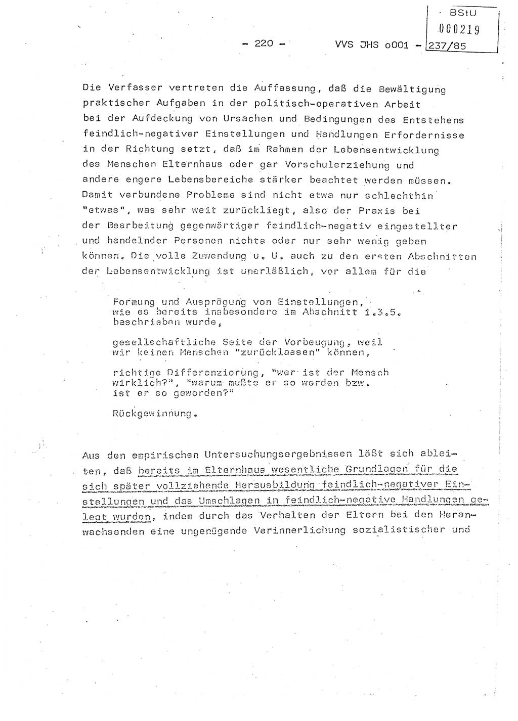 Dissertation Oberstleutnant Peter Jakulski (JHS), Oberstleutnat Christian Rudolph (HA Ⅸ), Major Horst Böttger (ZMD), Major Wolfgang Grüneberg (JHS), Major Albert Meutsch (JHS), Ministerium für Staatssicherheit (MfS) [Deutsche Demokratische Republik (DDR)], Juristische Hochschule (JHS), Vertrauliche Verschlußsache (VVS) o001-237/85, Potsdam 1985, Seite 220 (Diss. MfS DDR JHS VVS o001-237/85 1985, S. 220)