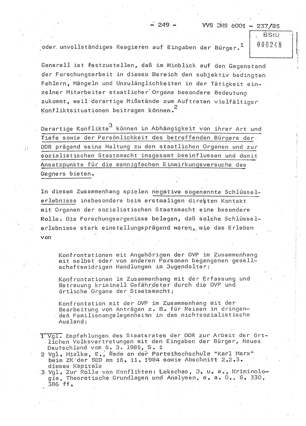 Dissertation Oberstleutnant Peter Jakulski (JHS), Oberstleutnat Christian Rudolph (HA Ⅸ), Major Horst Böttger (ZMD), Major Wolfgang Grüneberg (JHS), Major Albert Meutsch (JHS), Ministerium für Staatssicherheit (MfS) [Deutsche Demokratische Republik (DDR)], Juristische Hochschule (JHS), Vertrauliche Verschlußsache (VVS) o001-237/85, Potsdam 1985, Seite 249 (Diss. MfS DDR JHS VVS o001-237/85 1985, S. 249)