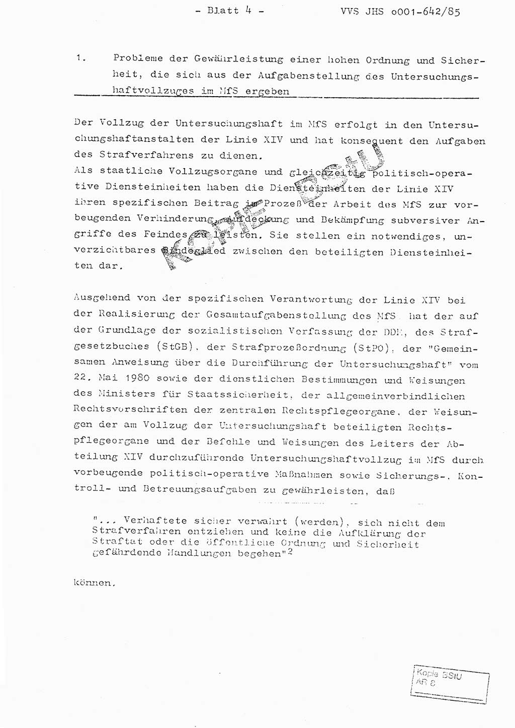 Fachschulabschlußarbeit Oberleutnant Lothar Fahland (Abt. ⅩⅣ), Ministerium für Staatssicherheit (MfS) [Deutsche Demokratische Republik (DDR)], Juristische Hochschule (JHS), Vertrauliche Verschlußsache (VVS) o001-642/85, Potsdam 1985, Blatt 4 (FS-Abschl.-Arb. MfS DDR JHS VVS o001-642/85 1985, Bl. 4)