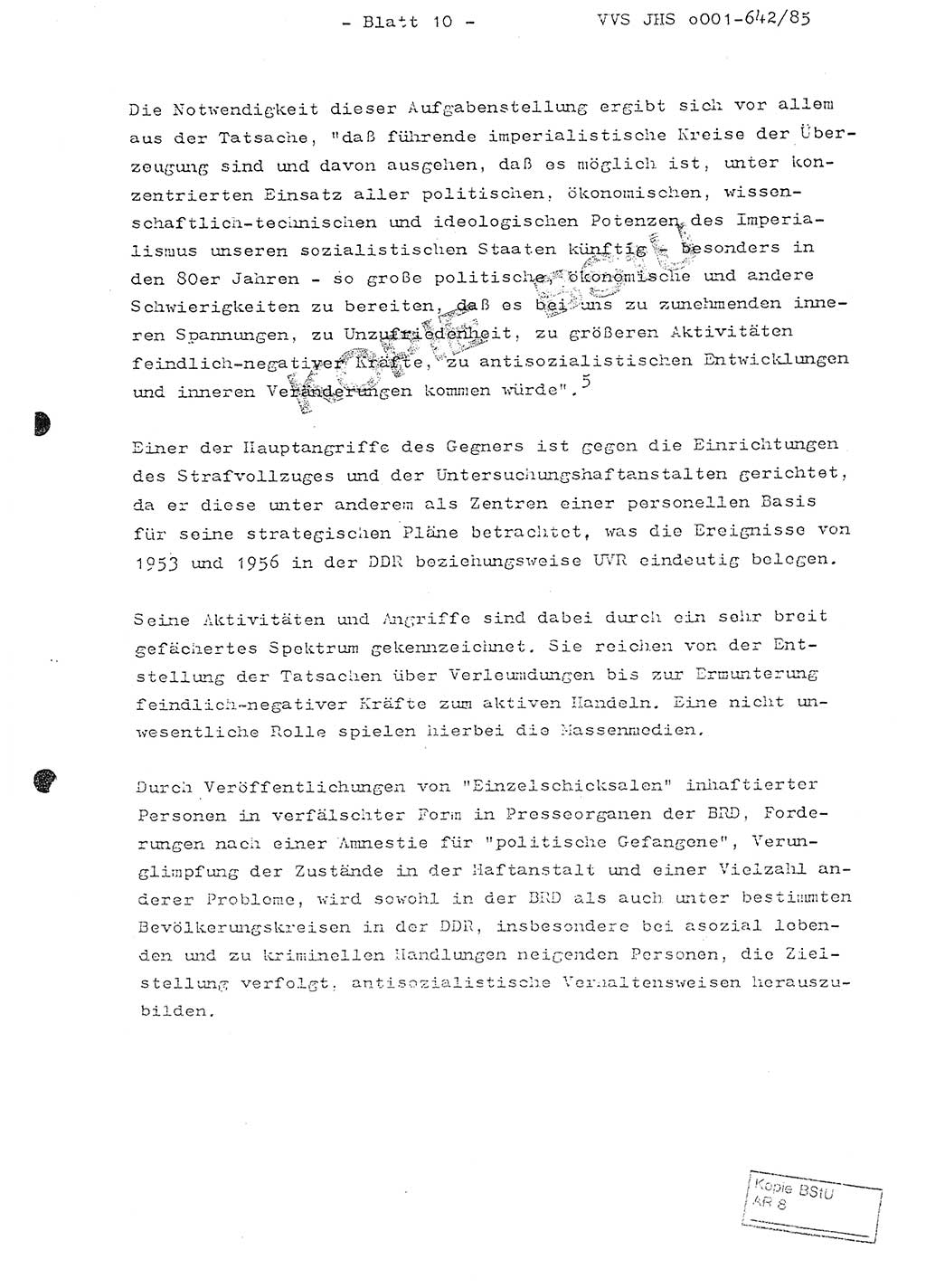 Fachschulabschlußarbeit Oberleutnant Lothar Fahland (Abt. ⅩⅣ), Ministerium für Staatssicherheit (MfS) [Deutsche Demokratische Republik (DDR)], Juristische Hochschule (JHS), Vertrauliche Verschlußsache (VVS) o001-642/85, Potsdam 1985, Blatt 10 (FS-Abschl.-Arb. MfS DDR JHS VVS o001-642/85 1985, Bl. 10)