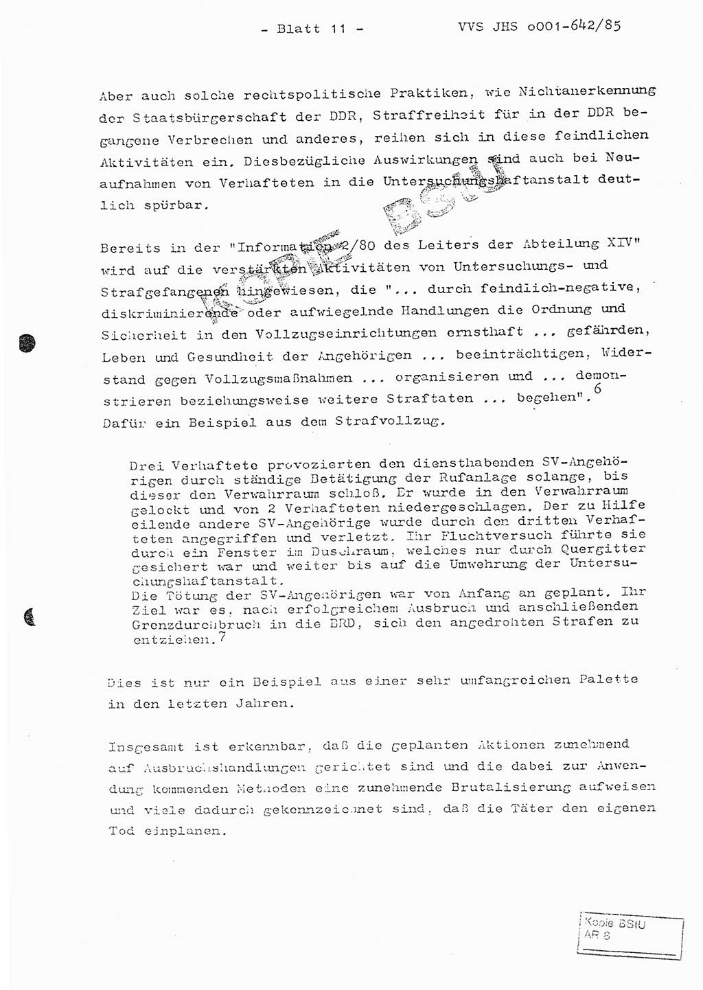 Fachschulabschlußarbeit Oberleutnant Lothar Fahland (Abt. ⅩⅣ), Ministerium für Staatssicherheit (MfS) [Deutsche Demokratische Republik (DDR)], Juristische Hochschule (JHS), Vertrauliche Verschlußsache (VVS) o001-642/85, Potsdam 1985, Blatt 11 (FS-Abschl.-Arb. MfS DDR JHS VVS o001-642/85 1985, Bl. 11)