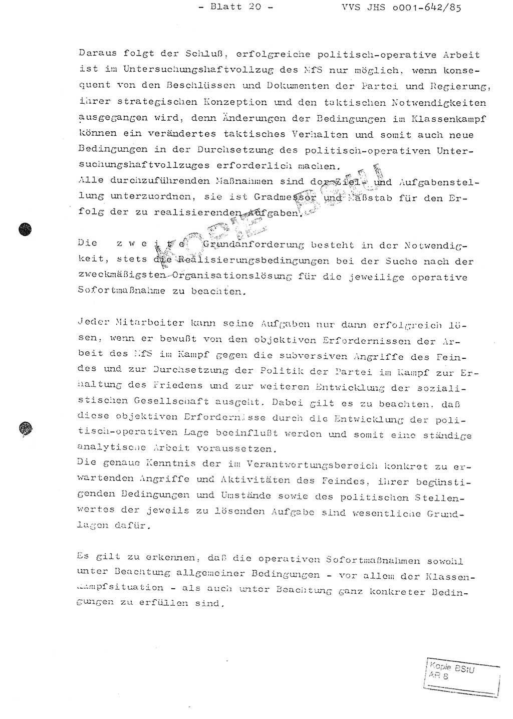 Fachschulabschlußarbeit Oberleutnant Lothar Fahland (Abt. ⅩⅣ), Ministerium für Staatssicherheit (MfS) [Deutsche Demokratische Republik (DDR)], Juristische Hochschule (JHS), Vertrauliche Verschlußsache (VVS) o001-642/85, Potsdam 1985, Blatt 20 (FS-Abschl.-Arb. MfS DDR JHS VVS o001-642/85 1985, Bl. 20)
