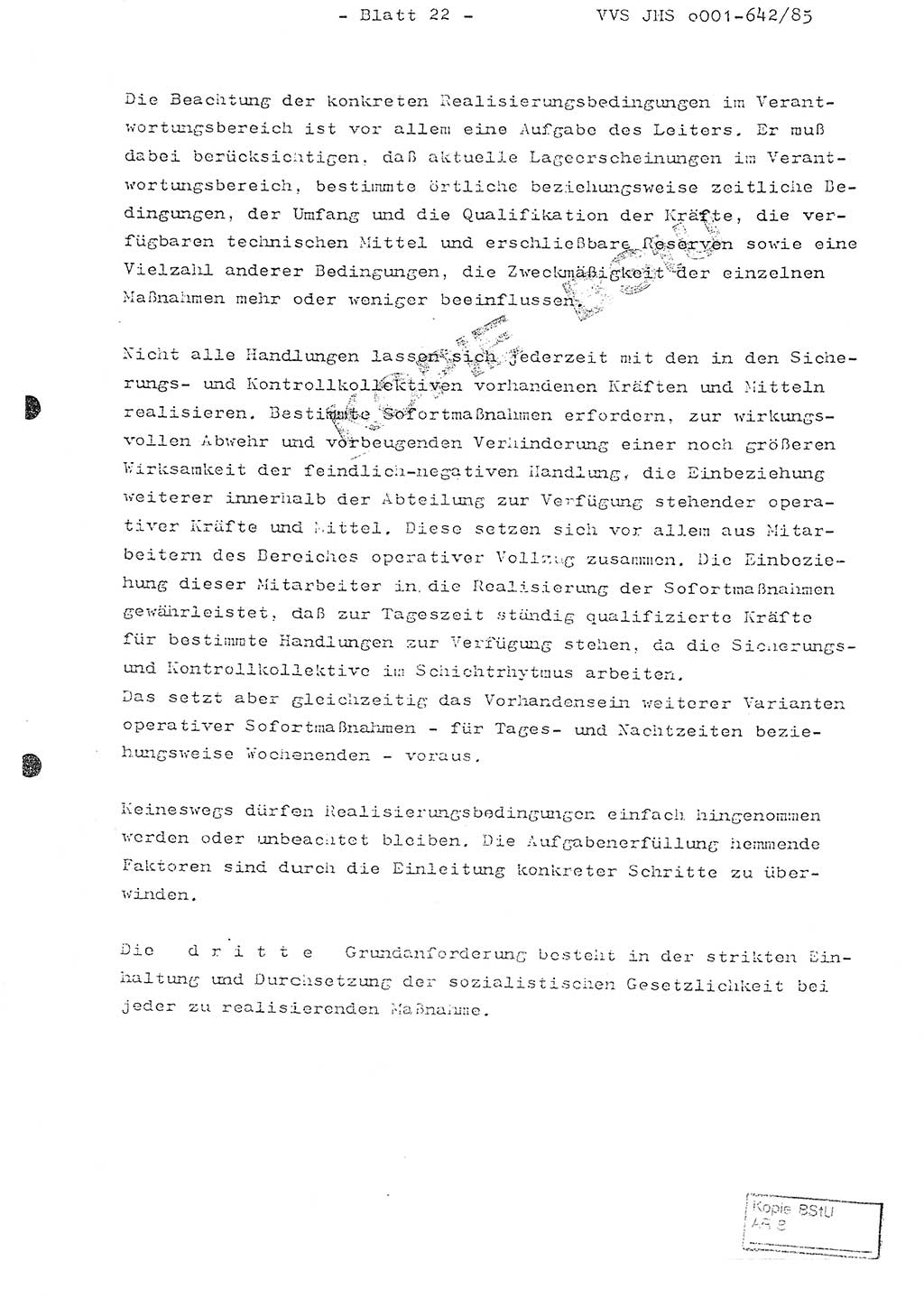 Fachschulabschlußarbeit Oberleutnant Lothar Fahland (Abt. ⅩⅣ), Ministerium für Staatssicherheit (MfS) [Deutsche Demokratische Republik (DDR)], Juristische Hochschule (JHS), Vertrauliche Verschlußsache (VVS) o001-642/85, Potsdam 1985, Blatt 22 (FS-Abschl.-Arb. MfS DDR JHS VVS o001-642/85 1985, Bl. 22)