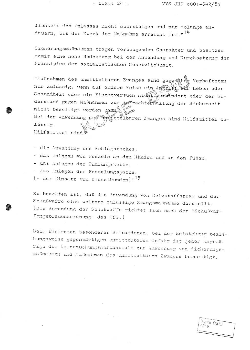 Fachschulabschlußarbeit Oberleutnant Lothar Fahland (Abt. ⅩⅣ), Ministerium für Staatssicherheit (MfS) [Deutsche Demokratische Republik (DDR)], Juristische Hochschule (JHS), Vertrauliche Verschlußsache (VVS) o001-642/85, Potsdam 1985, Blatt 24 (FS-Abschl.-Arb. MfS DDR JHS VVS o001-642/85 1985, Bl. 24)