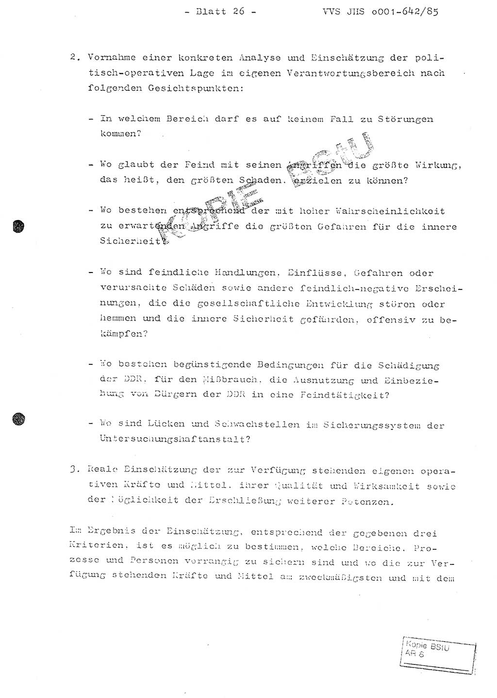 Fachschulabschlußarbeit Oberleutnant Lothar Fahland (Abt. ⅩⅣ), Ministerium für Staatssicherheit (MfS) [Deutsche Demokratische Republik (DDR)], Juristische Hochschule (JHS), Vertrauliche Verschlußsache (VVS) o001-642/85, Potsdam 1985, Blatt 26 (FS-Abschl.-Arb. MfS DDR JHS VVS o001-642/85 1985, Bl. 26)