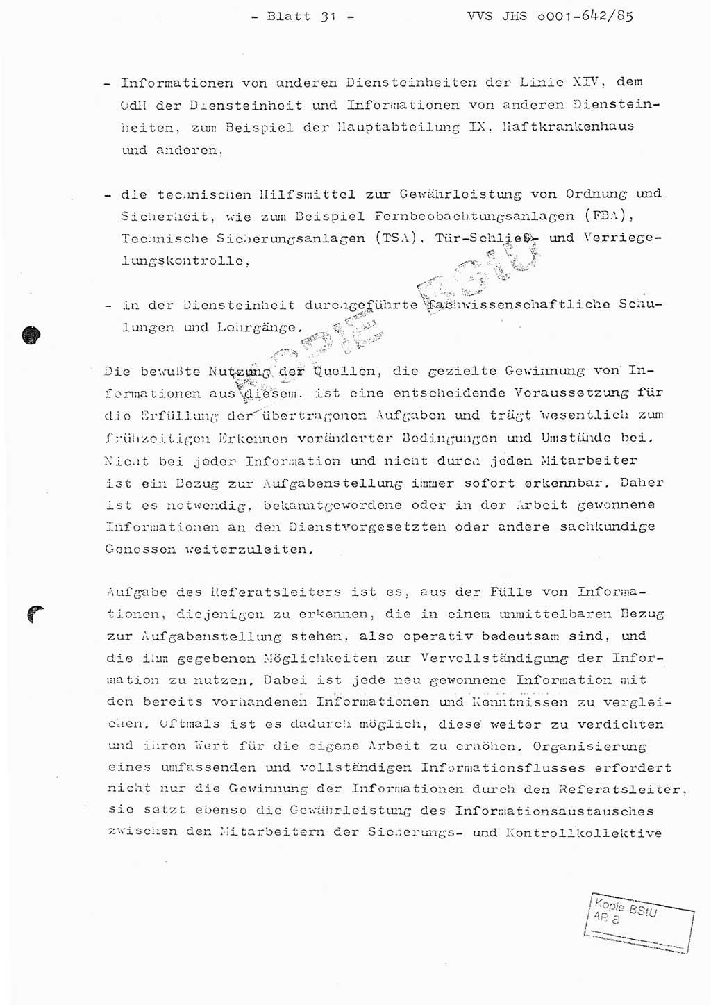 Fachschulabschlußarbeit Oberleutnant Lothar Fahland (Abt. ⅩⅣ), Ministerium für Staatssicherheit (MfS) [Deutsche Demokratische Republik (DDR)], Juristische Hochschule (JHS), Vertrauliche Verschlußsache (VVS) o001-642/85, Potsdam 1985, Blatt 31 (FS-Abschl.-Arb. MfS DDR JHS VVS o001-642/85 1985, Bl. 31)