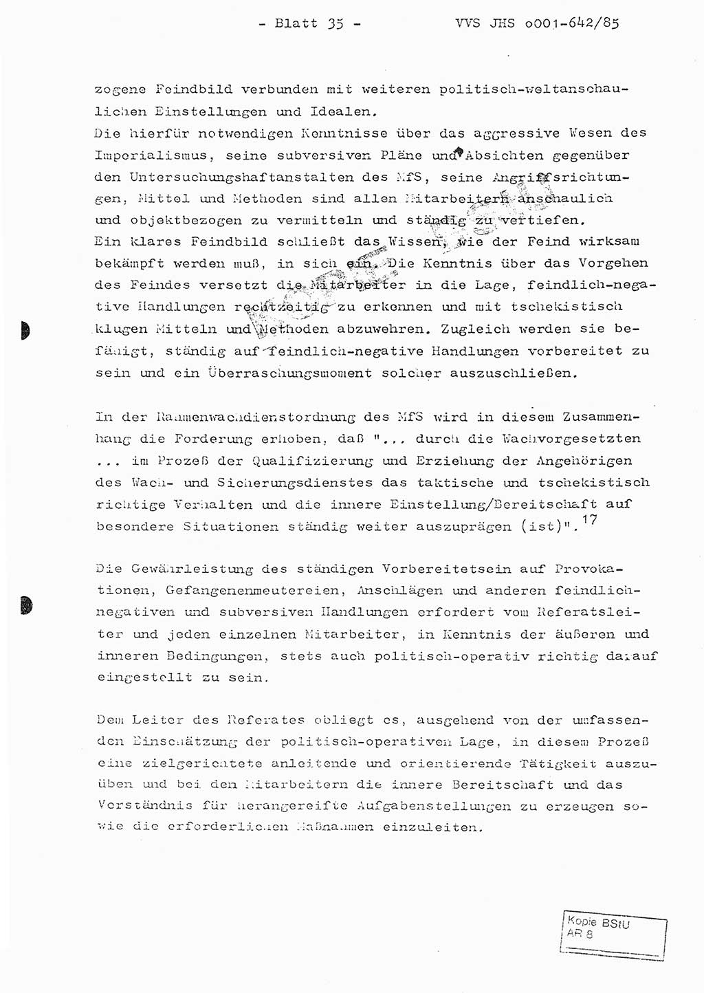 Fachschulabschlußarbeit Oberleutnant Lothar Fahland (Abt. ⅩⅣ), Ministerium für Staatssicherheit (MfS) [Deutsche Demokratische Republik (DDR)], Juristische Hochschule (JHS), Vertrauliche Verschlußsache (VVS) o001-642/85, Potsdam 1985, Blatt 35 (FS-Abschl.-Arb. MfS DDR JHS VVS o001-642/85 1985, Bl. 35)