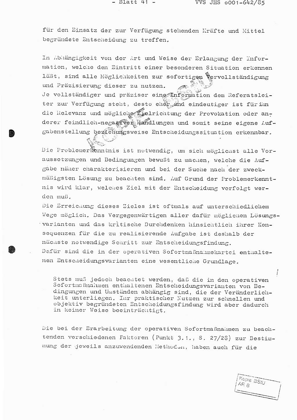 Fachschulabschlußarbeit Oberleutnant Lothar Fahland (Abt. ⅩⅣ), Ministerium für Staatssicherheit (MfS) [Deutsche Demokratische Republik (DDR)], Juristische Hochschule (JHS), Vertrauliche Verschlußsache (VVS) o001-642/85, Potsdam 1985, Blatt 41 (FS-Abschl.-Arb. MfS DDR JHS VVS o001-642/85 1985, Bl. 41)