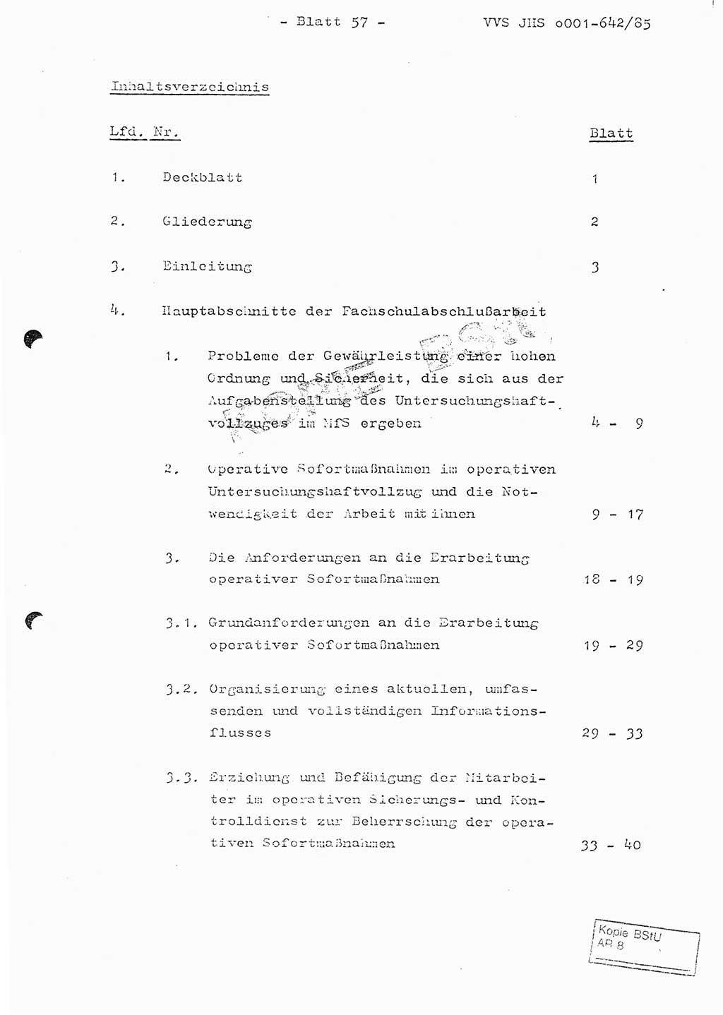 Fachschulabschlußarbeit Oberleutnant Lothar Fahland (Abt. ⅩⅣ), Ministerium für Staatssicherheit (MfS) [Deutsche Demokratische Republik (DDR)], Juristische Hochschule (JHS), Vertrauliche Verschlußsache (VVS) o001-642/85, Potsdam 1985, Blatt 57 (FS-Abschl.-Arb. MfS DDR JHS VVS o001-642/85 1985, Bl. 57)