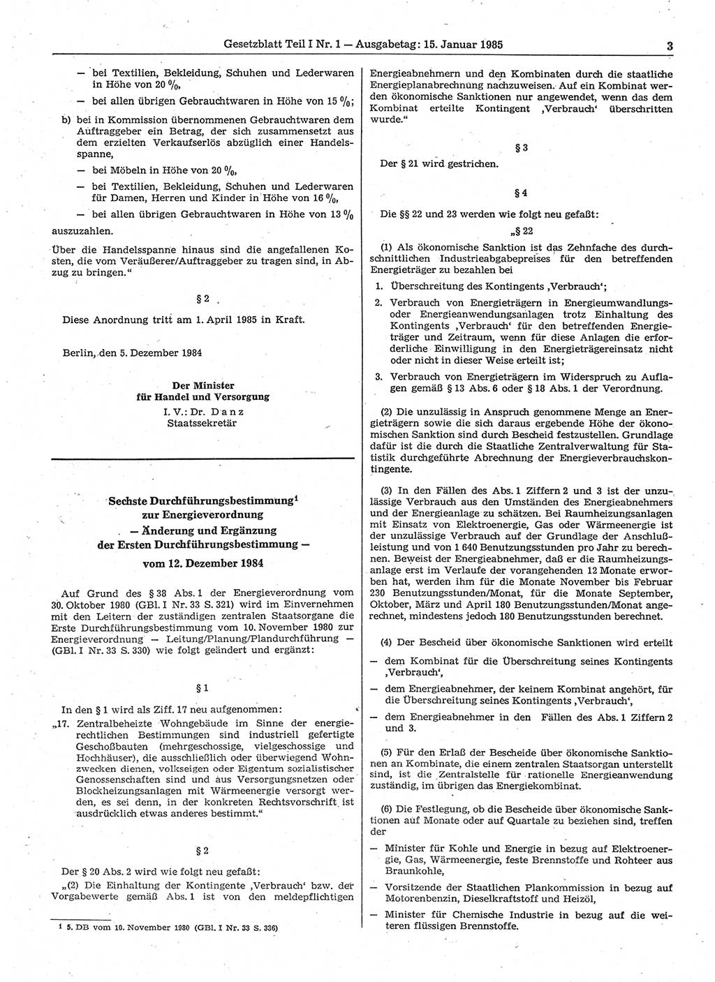 Gesetzblatt (GBl.) der Deutschen Demokratischen Republik (DDR) Teil Ⅰ 1985, Seite 3 (GBl. DDR Ⅰ 1985, S. 3)