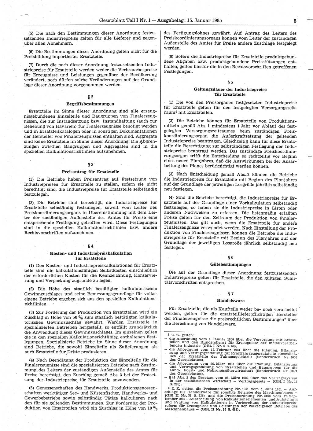 Gesetzblatt (GBl.) der Deutschen Demokratischen Republik (DDR) Teil Ⅰ 1985, Seite 5 (GBl. DDR Ⅰ 1985, S. 5)