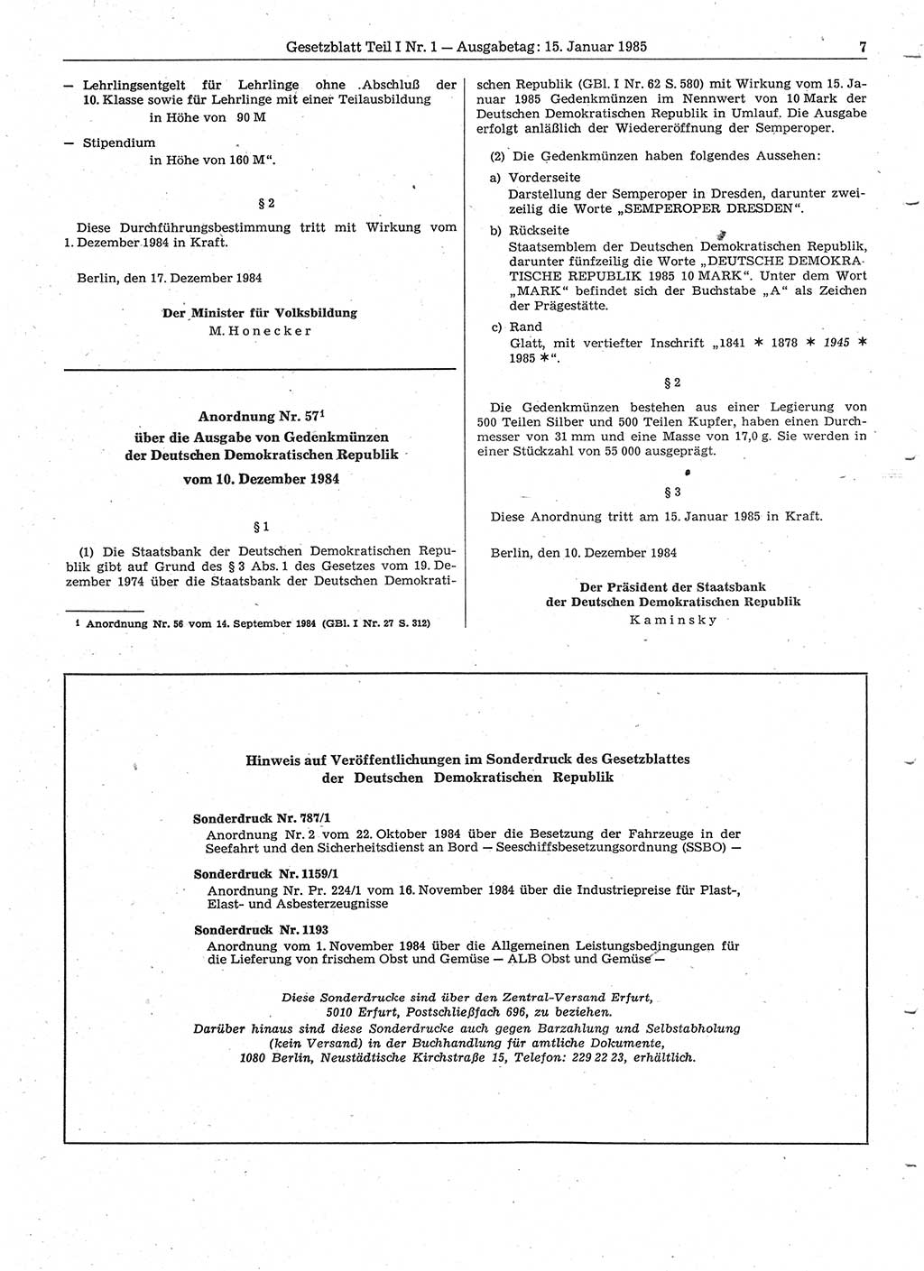 Gesetzblatt (GBl.) der Deutschen Demokratischen Republik (DDR) Teil Ⅰ 1985, Seite 7 (GBl. DDR Ⅰ 1985, S. 7)