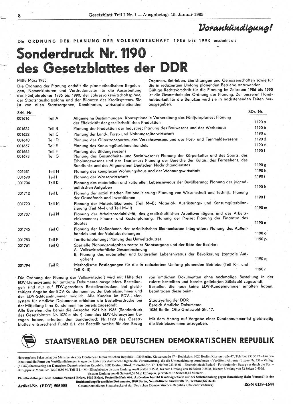 Gesetzblatt (GBl.) der Deutschen Demokratischen Republik (DDR) Teil Ⅰ 1985, Seite 8 (GBl. DDR Ⅰ 1985, S. 8)