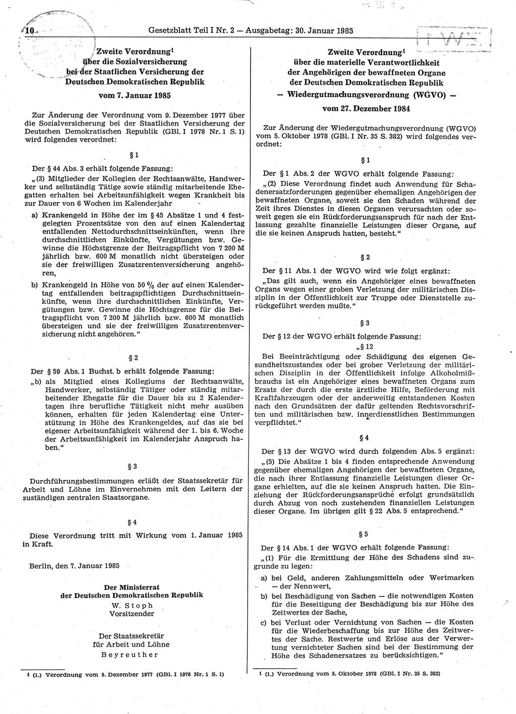 Gesetzblatt (GBl.) der Deutschen Demokratischen Republik (DDR) Teil Ⅰ 1985, Seite 10 (GBl. DDR Ⅰ 1985, S. 10)