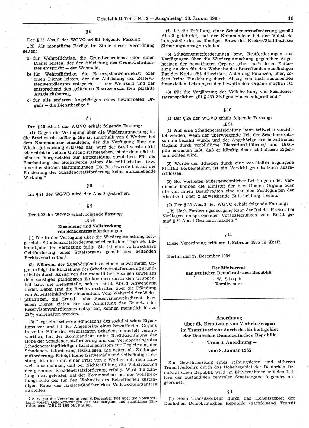 Gesetzblatt (GBl.) der Deutschen Demokratischen Republik (DDR) Teil Ⅰ 1985, Seite 11 (GBl. DDR Ⅰ 1985, S. 11)
